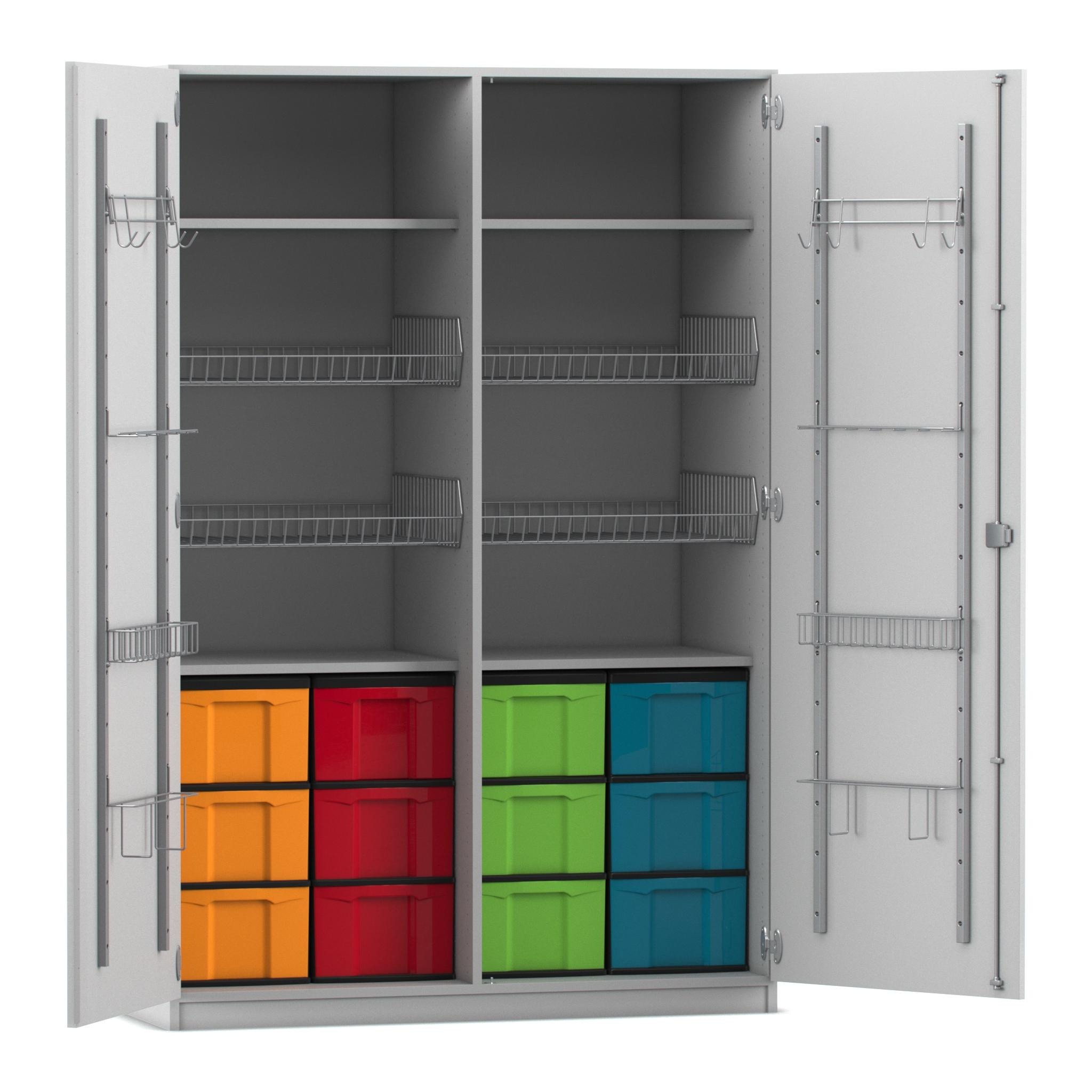 Flexeo Sportschrank, Dekor grau, HxBxT: 190 x 126,4 x 60 cm, 4 Gitterkörbe, 12 große Boxen bunt, Bogengriff mit Schloss