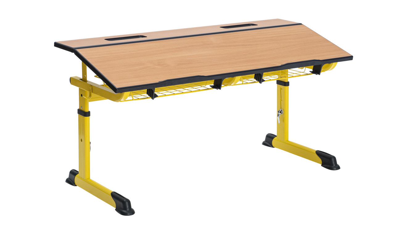 Aluflex Zweier-Schülertisch, höhenverstellbar 58-70 cm, Stahlfarbe zinkgelb, mit Drahtkorbablage, Kunststoffgleiter, 6-12 Jahre