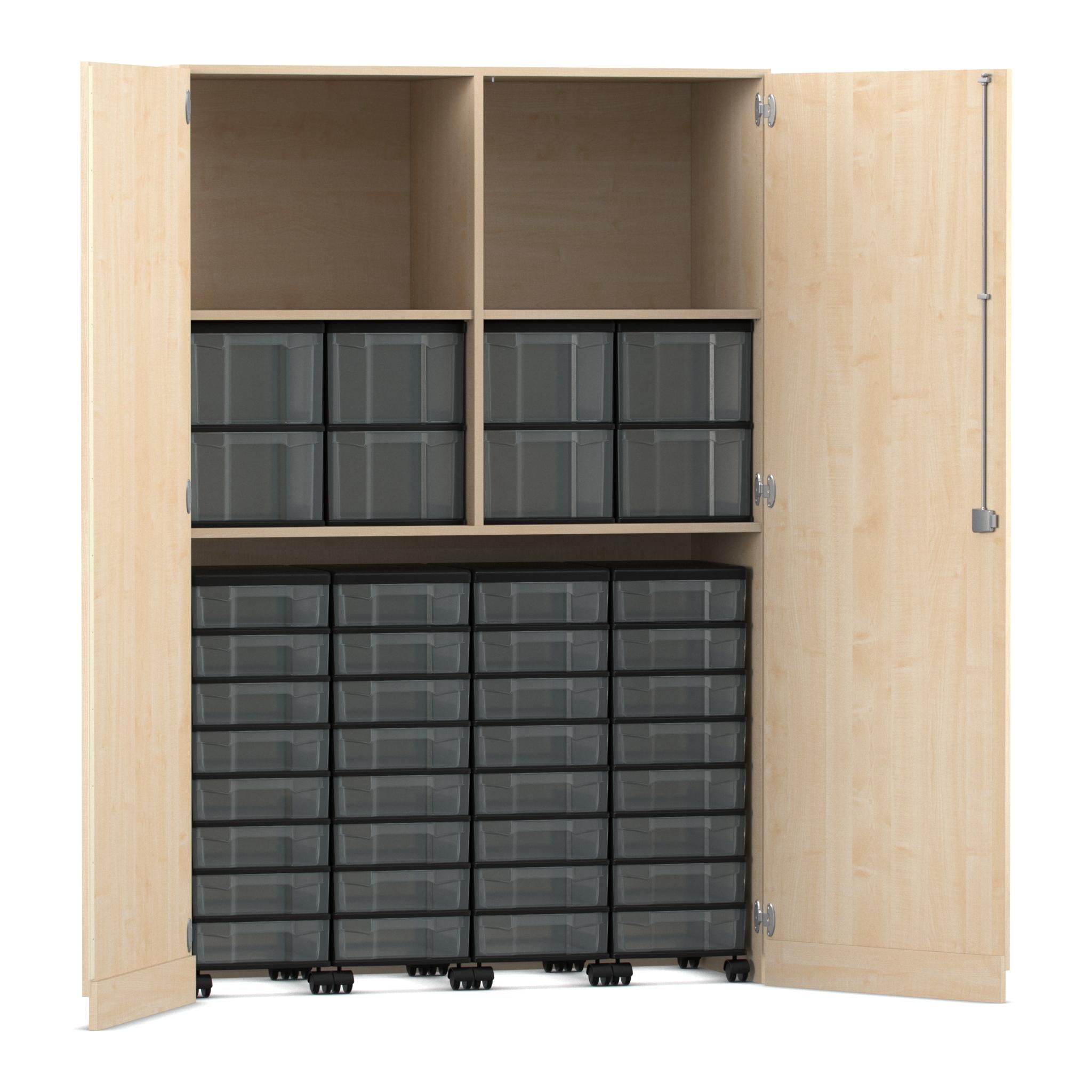 Flexeo® Garagenschrank mit 2 Fächern, 4 Rollcontainern und 40 Boxen, Ahorn honig, Schloss, HxBxT: 190 x 126,4 x 50 cm