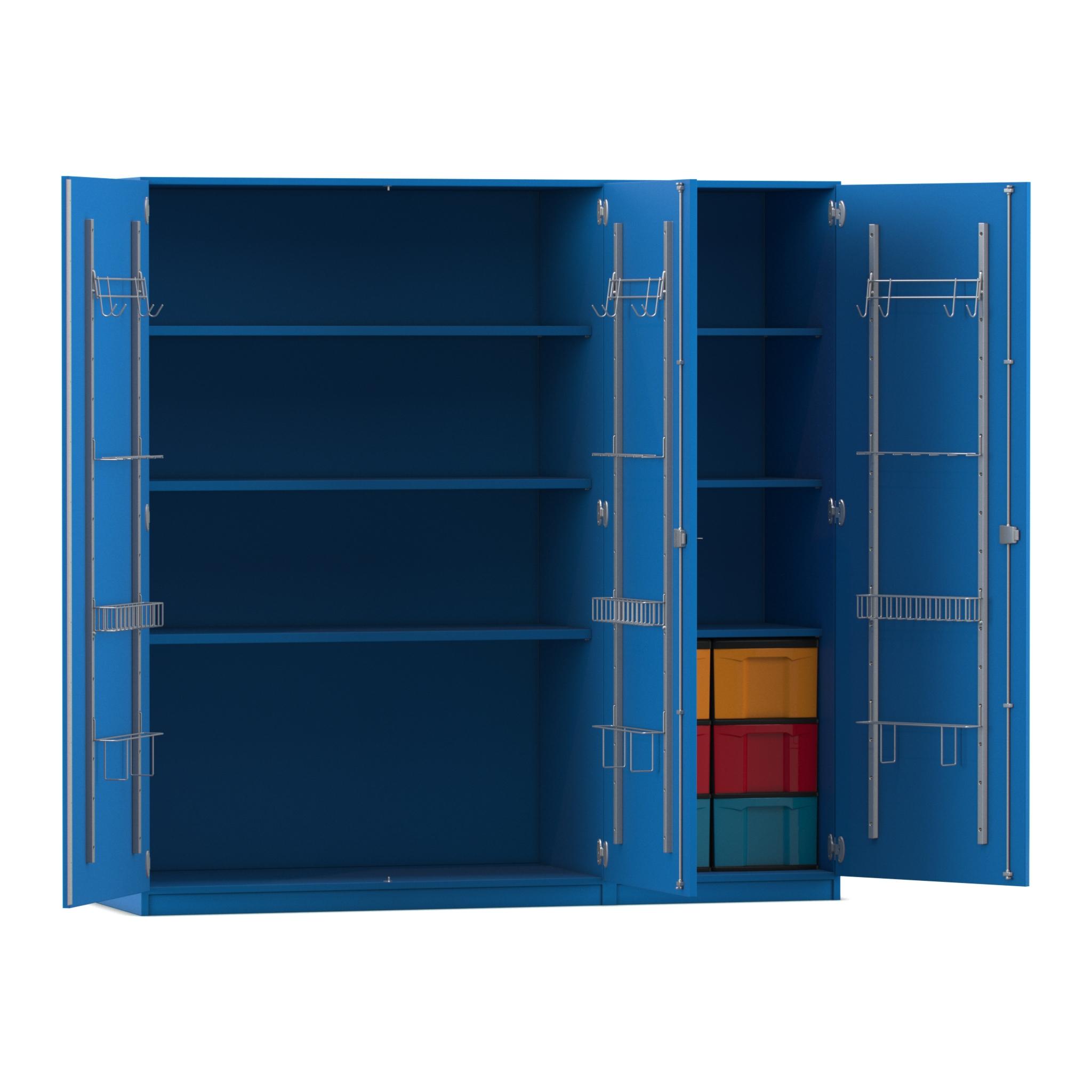 Flexeo® Musikschrank blau, 6 große Boxen bunt, Breite 190,5 cm, Bogengriff mit Schloss