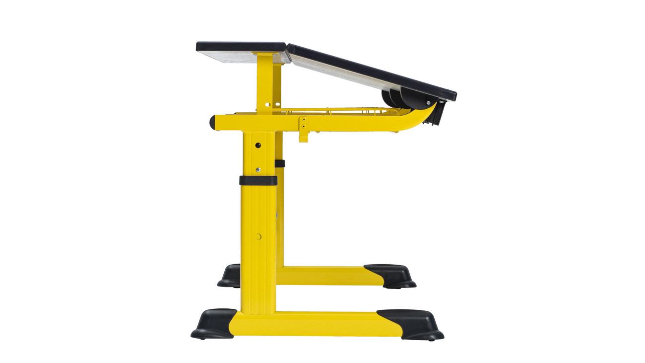 Aluflex Zweier-Schülertisch, höhenverstellbar 58-70 cm, Stahlfarbe zinkgelb, mit Drahtkorbablage, Filzgleiter, 6-12 Jahre