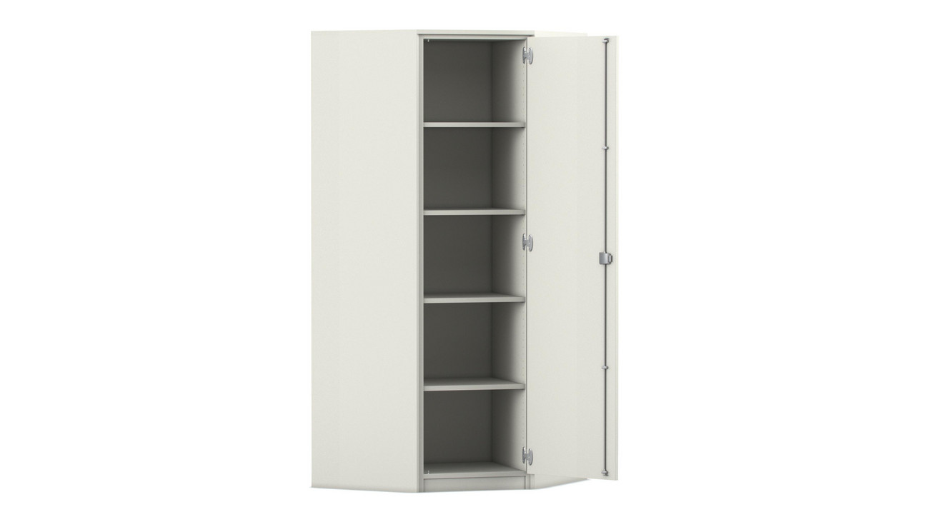 Flexeo Eckschrank, weiß, 4 Fachböden, HxT 190 x 50 cm, Bogengriff mit Schloss