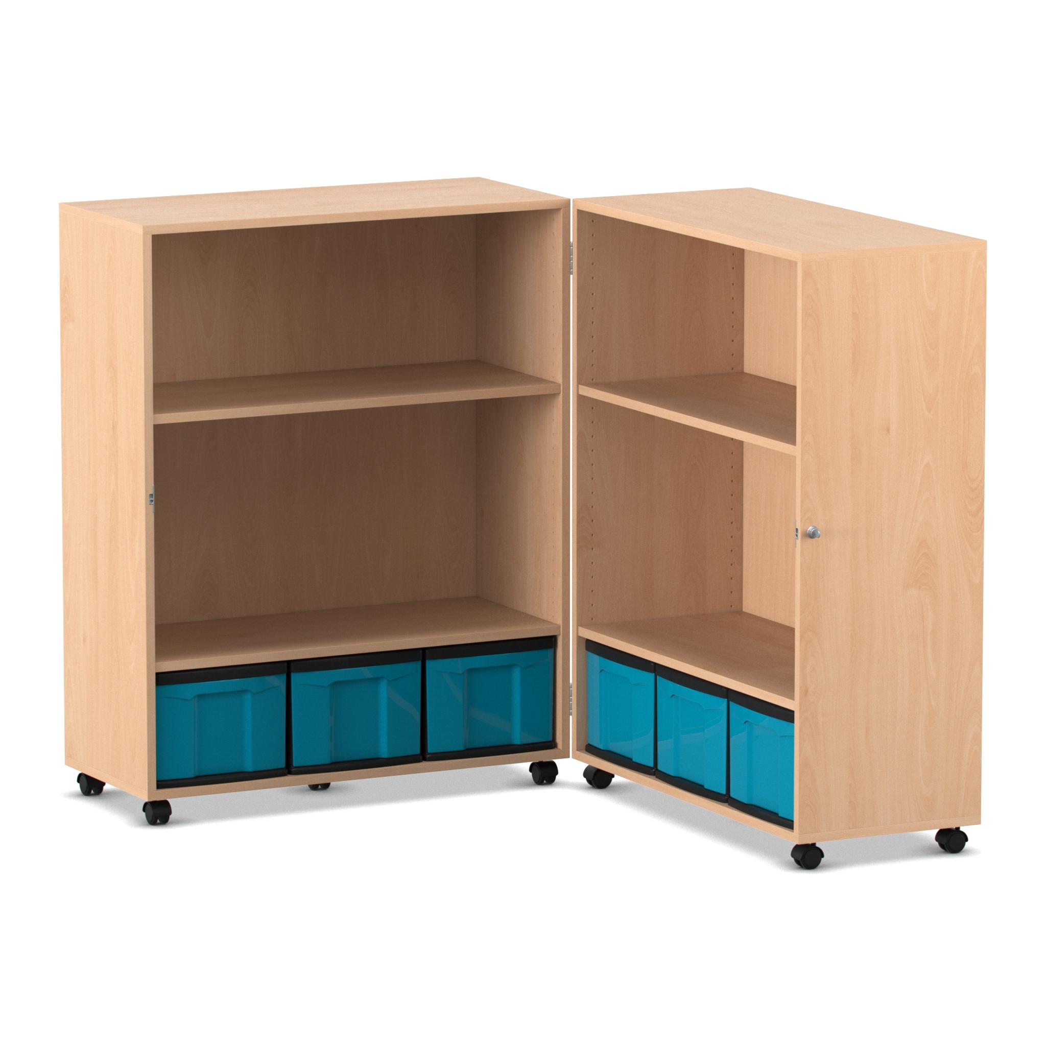 Flexeo Klapp-Wagen, fahrbar, 4 Fachböden, 6 große blaue Boxen, Dekor Buche hell, Höhe 121,1 cm