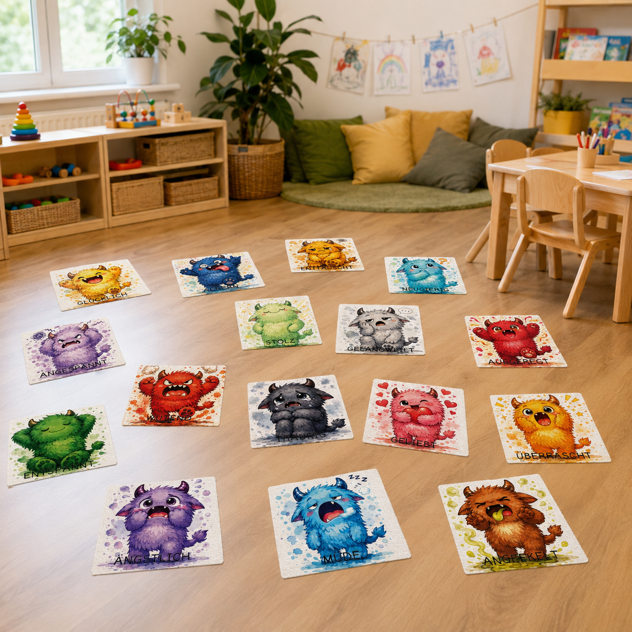 Sitz-Teppichfliesen Emotionen, 16 Monster mit verschiedenen Gefühlen, für Kinder, 34 x 34 cm