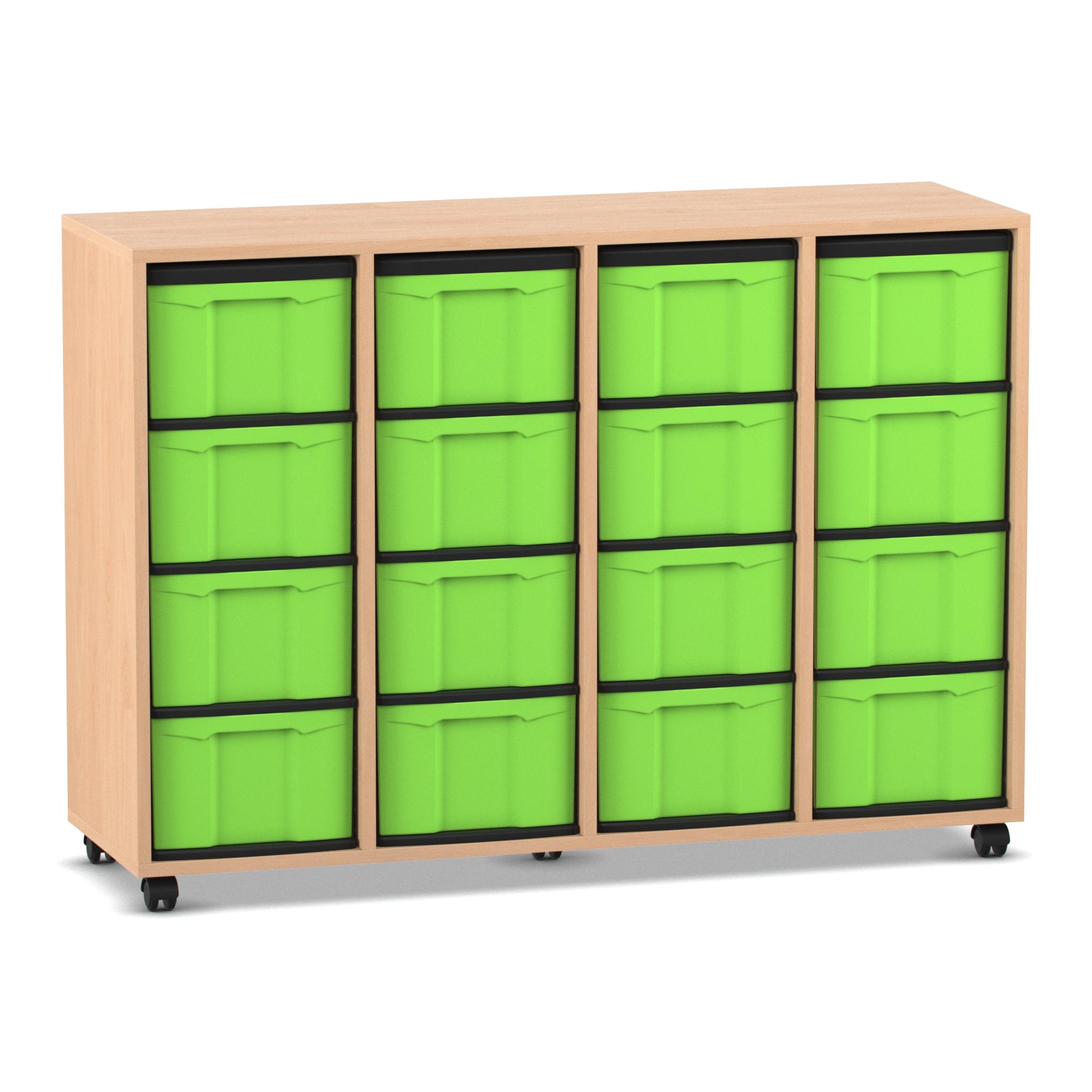 Flexeo Regal mit 4 Reihen, Dekor Buche hell, Rollen, 16 hohe Schubladen grün, HxBxT: 92,3 x 130,7 x 40,8 cm