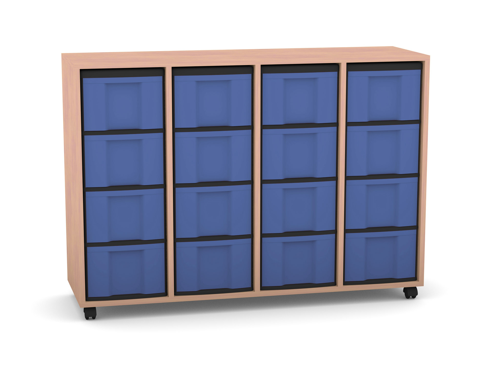 Flexeo Regal mit 4 Reihen, Dekor Buche hell, Rollen, 16 hohe Schubladen blau