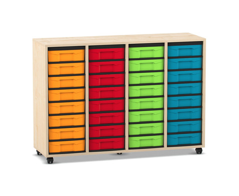 Flexeo® Regal Ahorn honig, 4 Reihen, 32 kleine Boxen, bunt, Rollen