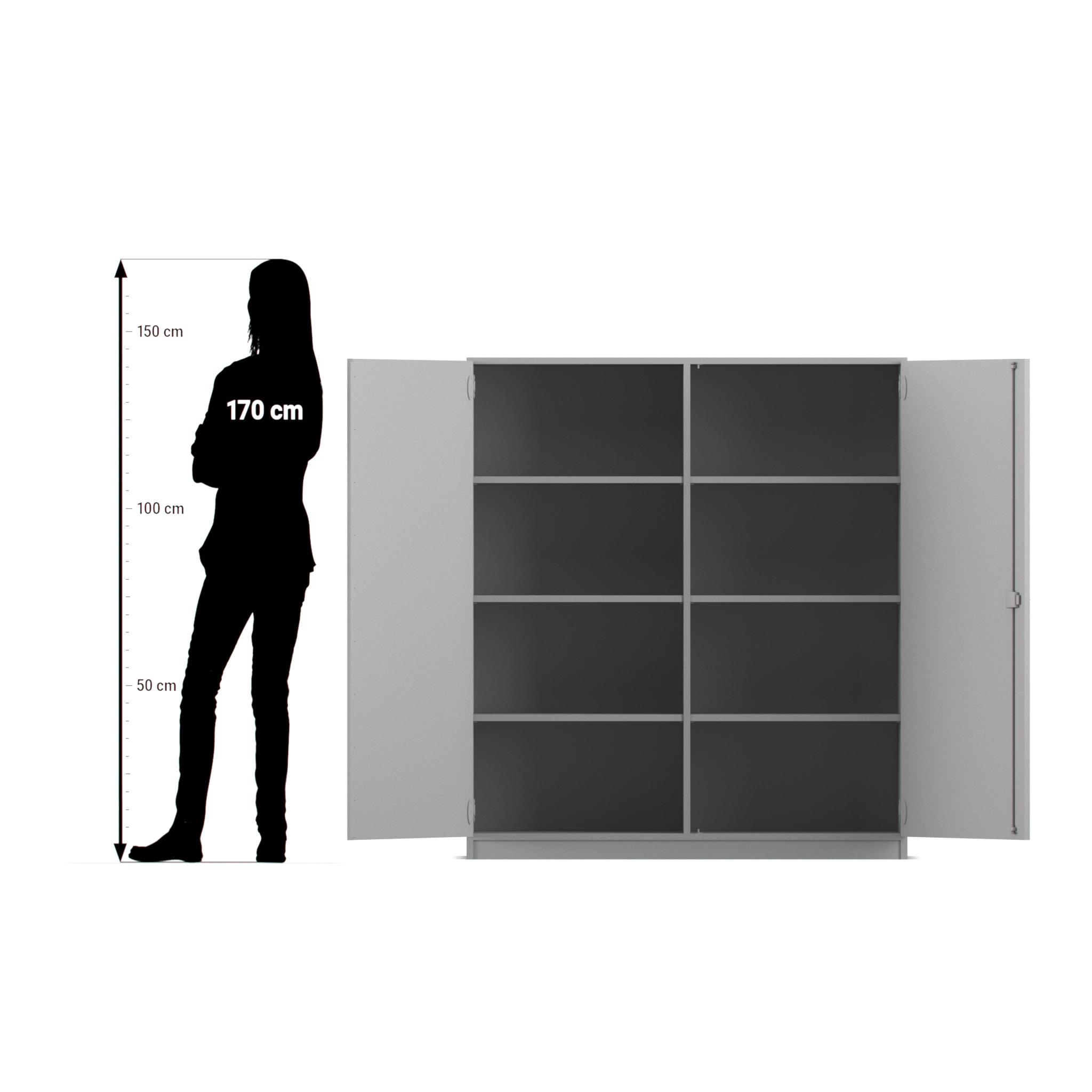 Flexeo® mittelhoher Schrank grau mit 3 Fachböden, HxBxT: 143,9 x 126,4 cm x 50 cm, Bogengriff mit Schloss