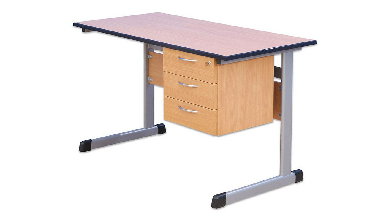 Lehrertisch mit L-Fuß, Tischplatte Ahorn 130x65cm, PU-Kante, Höhe 76 cm, Unterbau rechts, Stahlfarbe 9006 Weißaluminium