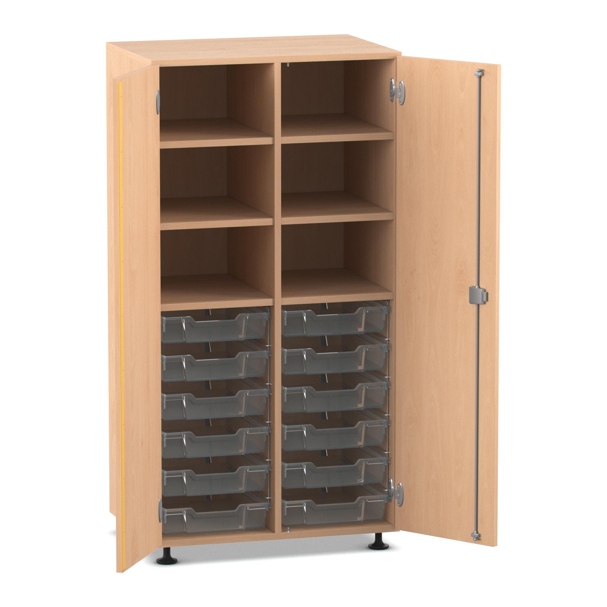 Flexeo Regalschrank PRO mit 2 Reihen, 6 Fächern und 12 kleinen Boxen transparent, Dekor Buche Hell mit Sockel