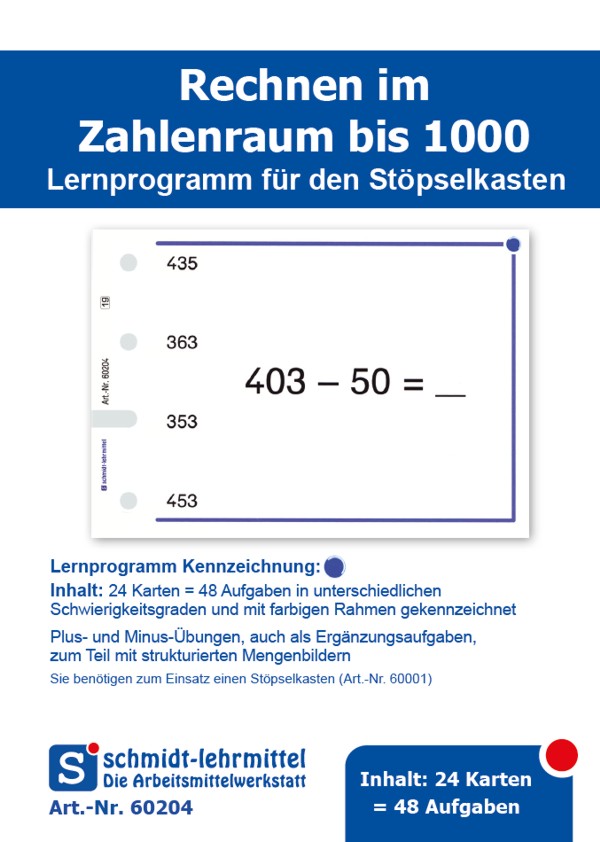 Stöpselkarten Rechnen +, - bis 1000