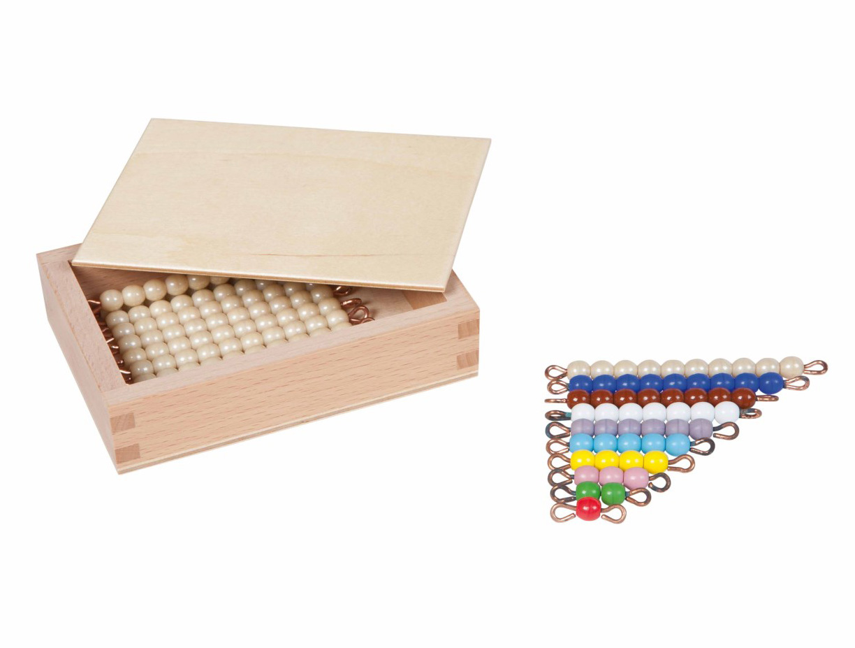 Kasten mit farbiger Perlentreppe von 1-9 und neun goldenen Zehnerstäbchen, lose Perlen, Glas