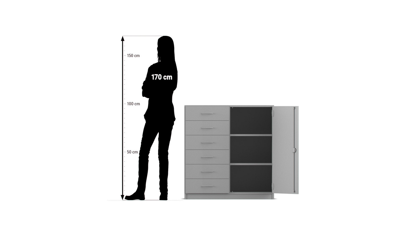 Flexeo® Schrank, Ahorn honig, 6 kleine Schubladen, Türanschlag rechts, HxBxT: 99, 1 x 94,4 x 40 cm, Bogengriff mit Schloss