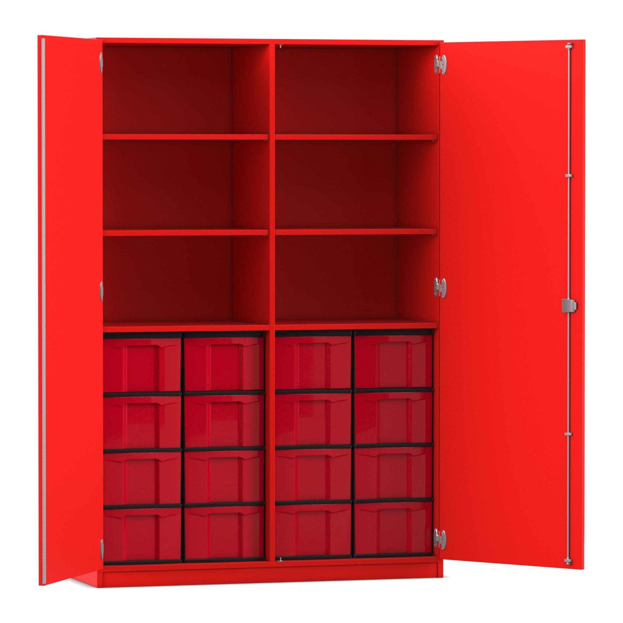 Flexeo® Schrank rot, 16 große Boxen rot, 6 Fächer, Mittelwand, 2 Türen