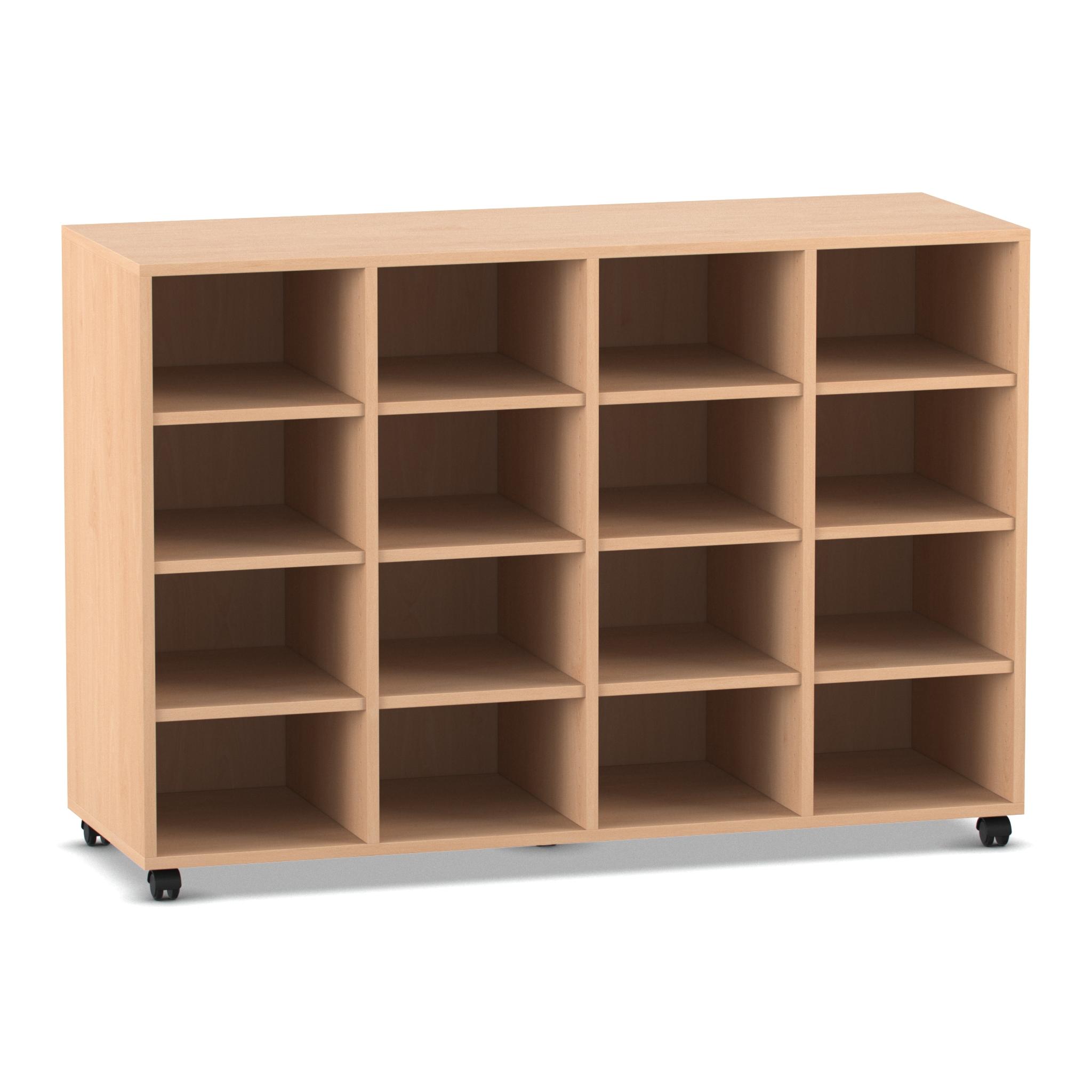 Flexeo® Regal PRO, Buche hell, 4 Reihen, 16 Fächer, HxBxT: 99,1 x 143,9 x 48 cm, mit Rollen