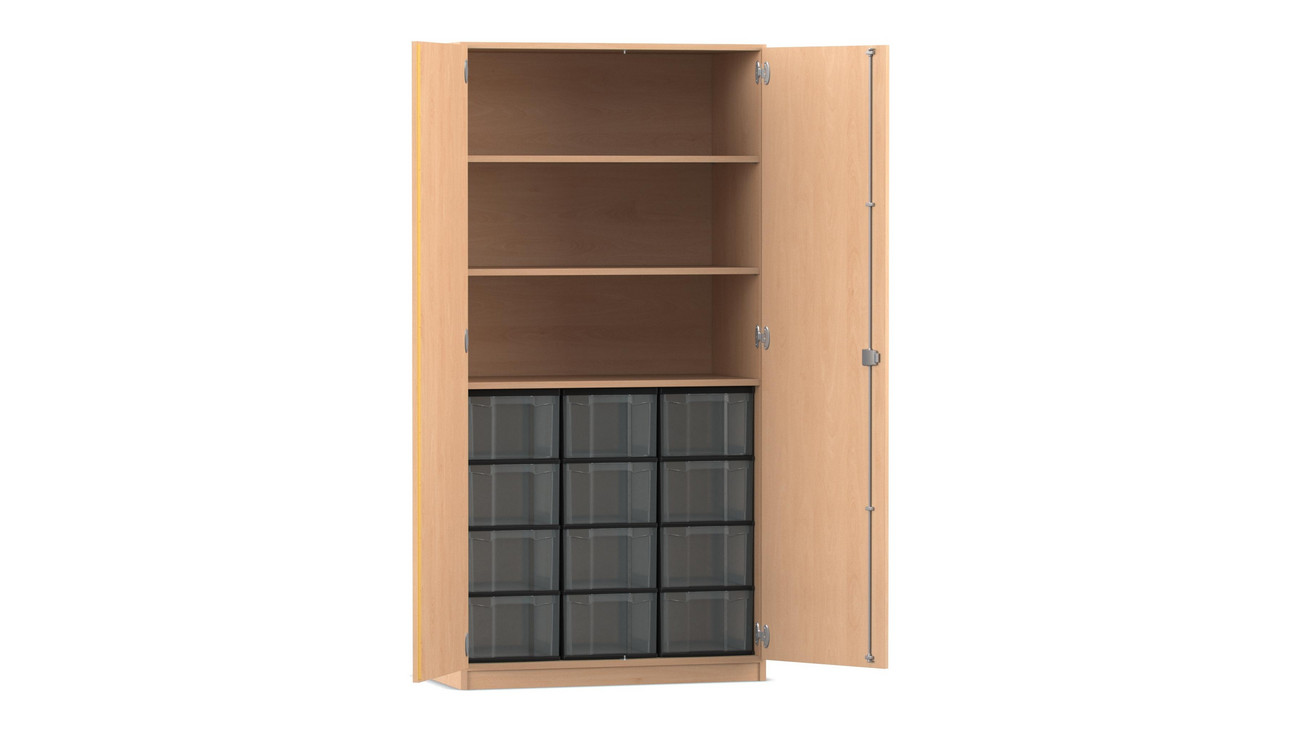 Flexeo Hochschrank Buche hell, HxBxT: 190x94,4x50 cm, 3 große Fächer, 12 großen Boxen transparent, Dreholive