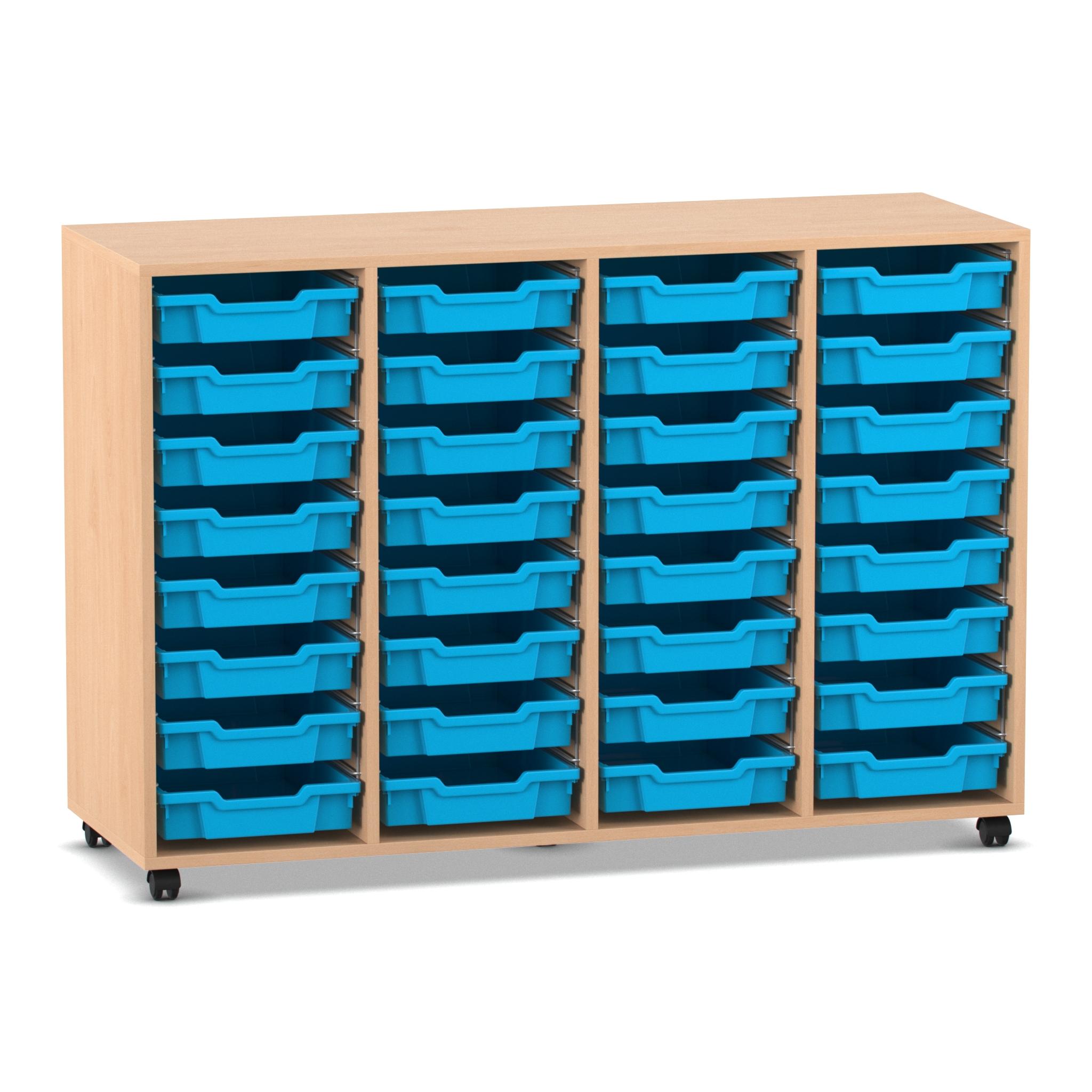 Flexeo® Regal PRO Buche hell, HxBxT: 99.1 x 143.9 x 48 cm, 4 Reihen, 32 kleine Boxen hellblau, Rollen