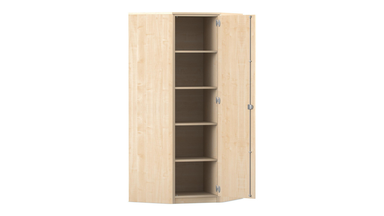 Flexeo Eckschrank, Ahorn honig, 4 Fachböden, HxT 190 x 60 cm, Bogengriff mit Schloss