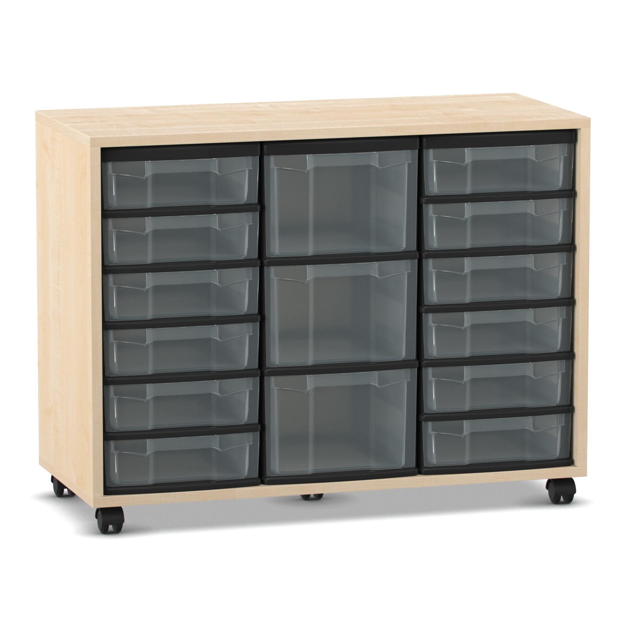 Flexeo® Regal mit 12 kleinen und 3 großen Boxen transparent, Ahorn honig, Rollen