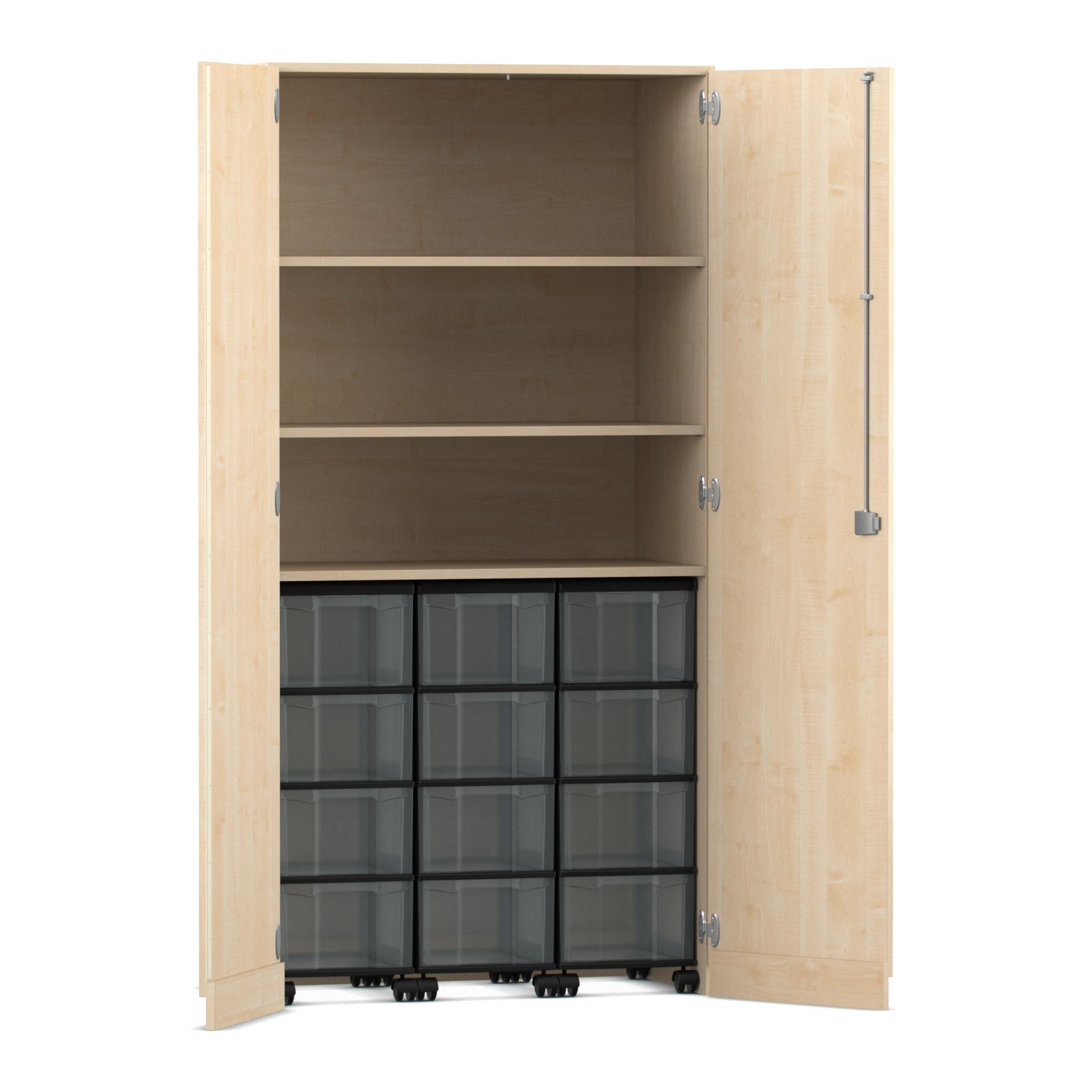 Flexeo® Garagenschrank, Ahorn honig, 3 Fächer, 3 Rollcontainer, 12 große Boxen, Schloss, HxBxT: 190 x94,4x50 cm