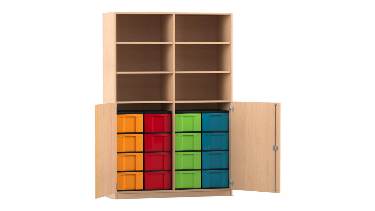 Flexeo® Schrank, Buche hell, HxBxT: 190x126,4x50 cm, 16 große Boxen bunt, 6 Fächer, Mittelwand, 2 Halbtüren, Schloss
