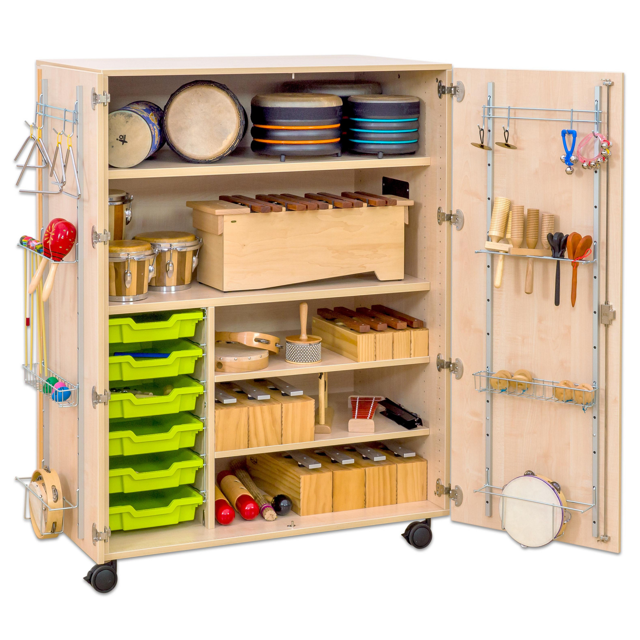 Flexeo fahrbares Multimobil - Musik, Buche hell, 6 kleine Boxen hellgrün/grün HxBxT: 148 x 110 x 70 cm