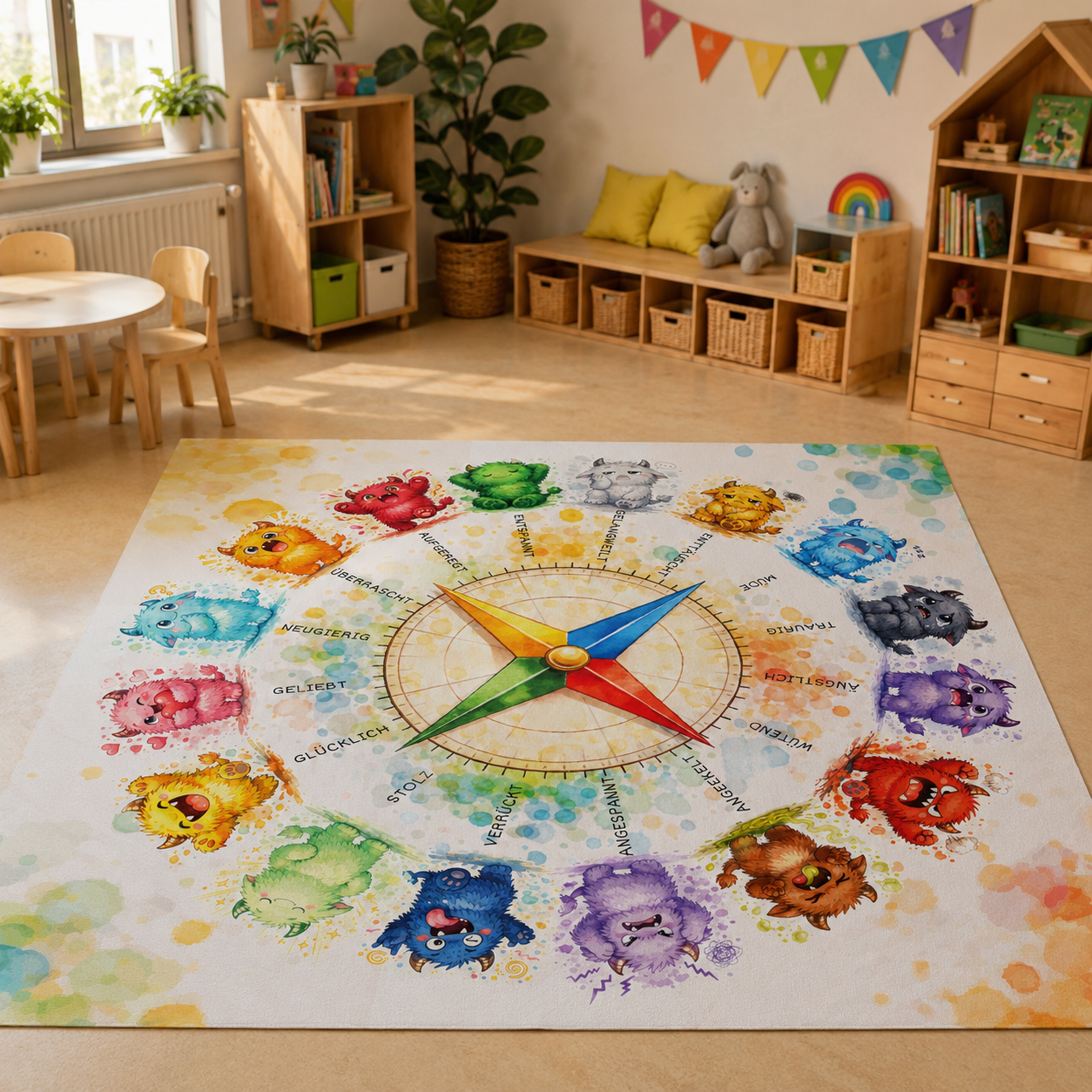 Teppich Emotionskompass, 16 Monster mit verschiedenen Gefühlen, für Kinder, 155 x 155 cm