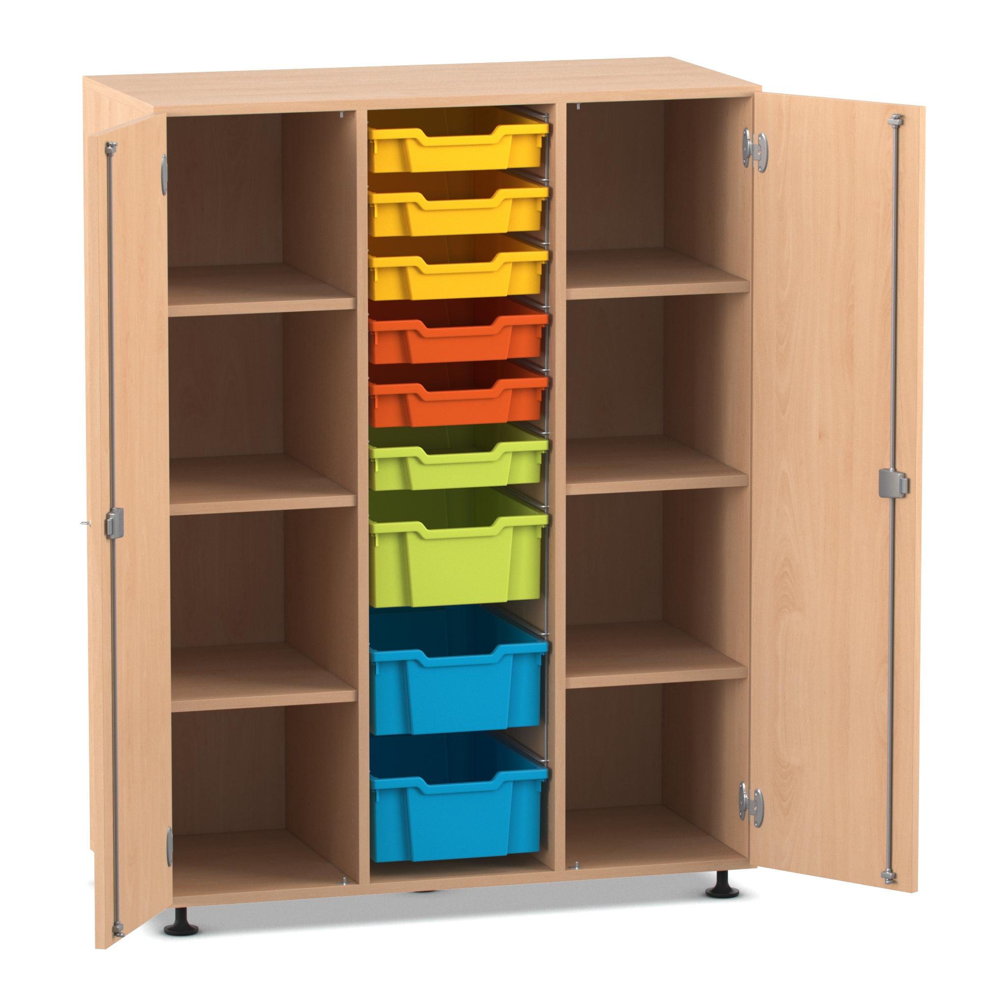 Flexeo® Regalschrank PRO, Buche hell, 3 Reihen, 9 Boxen S und M, bunt A, 2 Türen, Sockel, Schloss