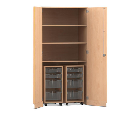 Flexeo® Garagenschrank PRO, Buche hell, HxBxT: 190 x 94,4 x 60 cm, 2 Rollcontainer, 8 Boxen Gr. S und M transparent, Bogengriff mit Schloss