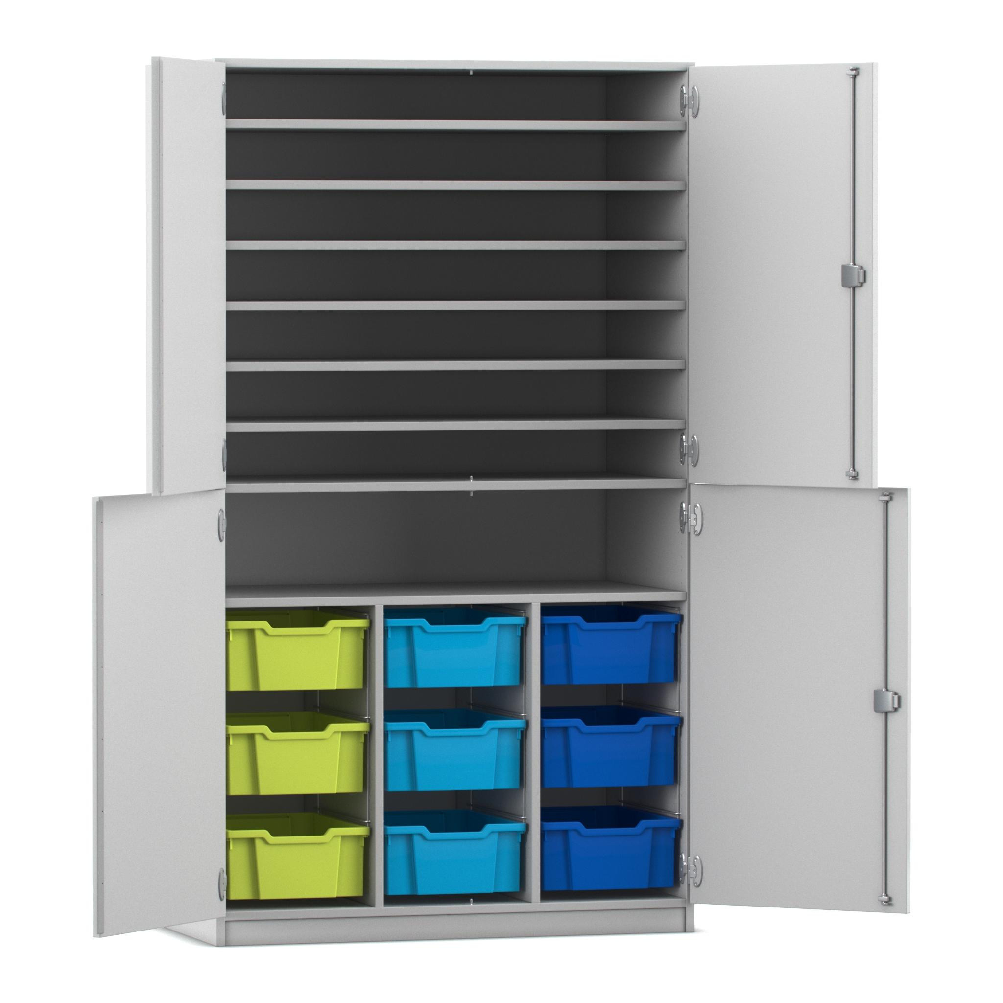 Flexeo Bastelschrank, Dekor grau, HxBxT: 190x108,1x60 cm, 4 Halbtüren, 9 große Boxen bunt B, Schloss