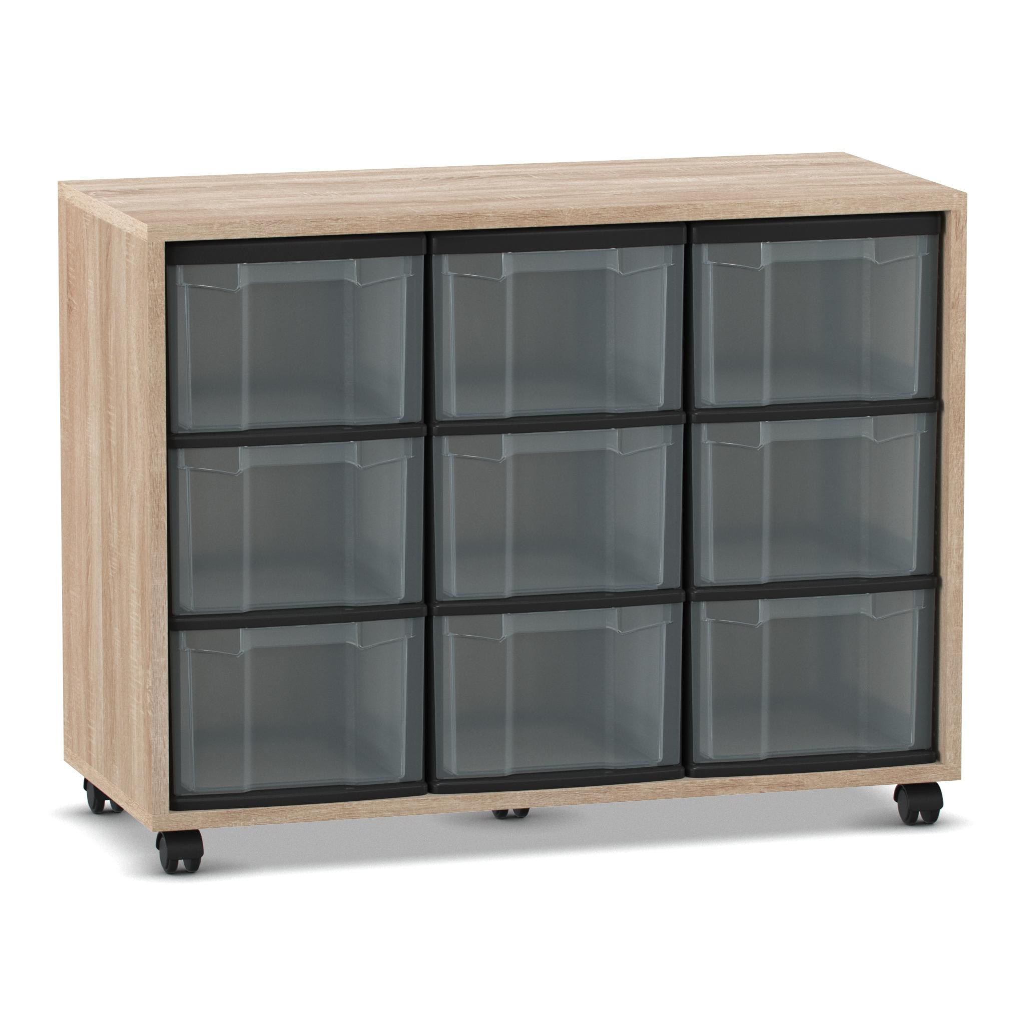 Flexeo Regal mit 9 großen Boxen transparent, Dekor Eiche natur, HxBxT: 72,8 x 94,8 x 40,8 cm, Rollen