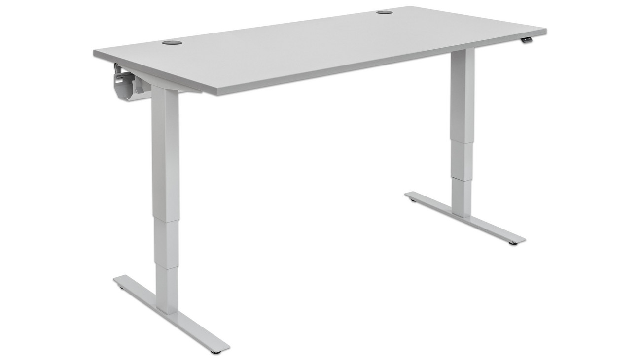 Flexeo® Schreibtisch 160 x 80 cm, Dekor grau, elektrisch höhenverstellbar 63 bis 129 cm, Gestell weißaluminium