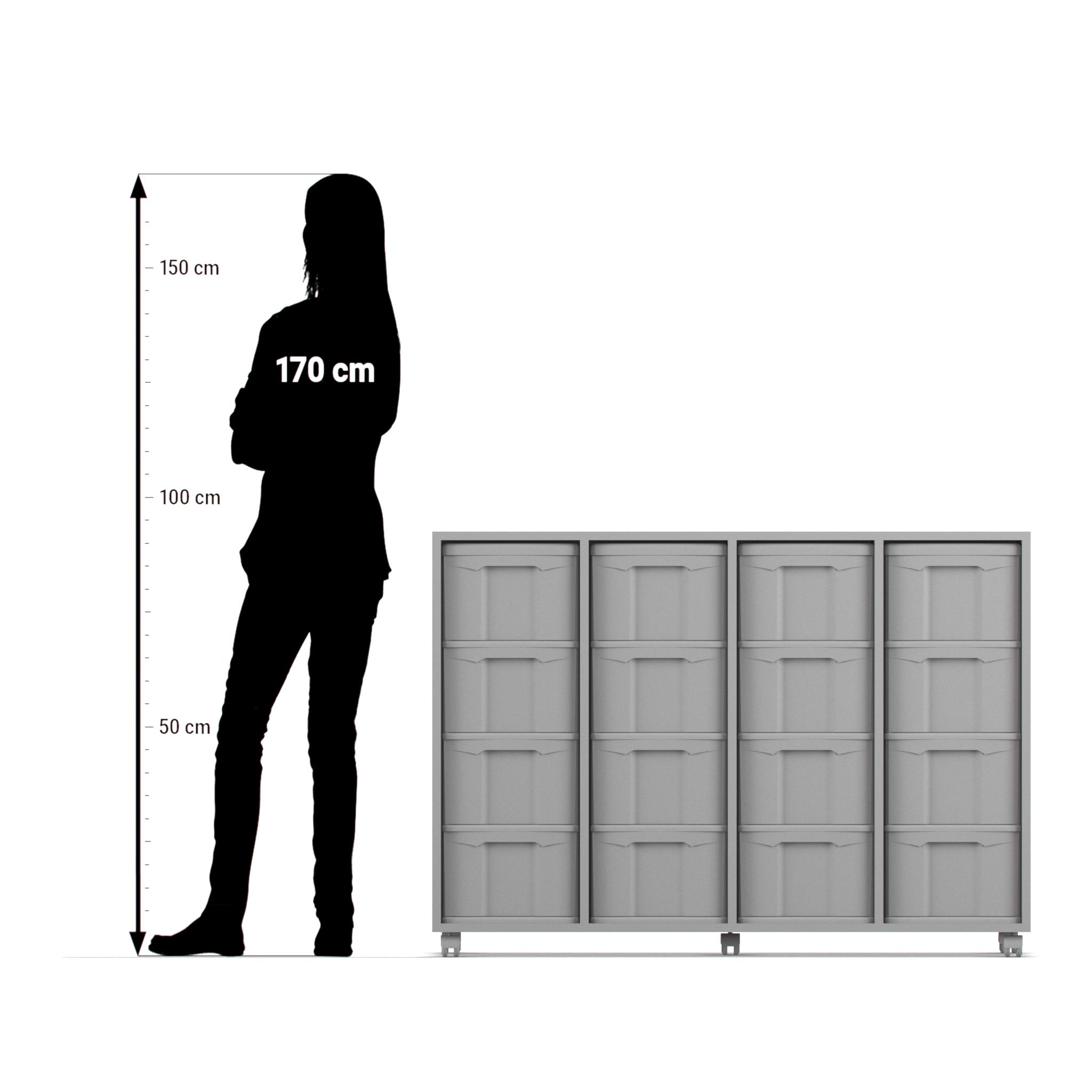 Flexeo Regal mit 4 Reihen, Dekor Buche hell, Rollen, 16 hohe Schubladen grün, HxBxT: 92,3 x 130,7 x 40,8 cm