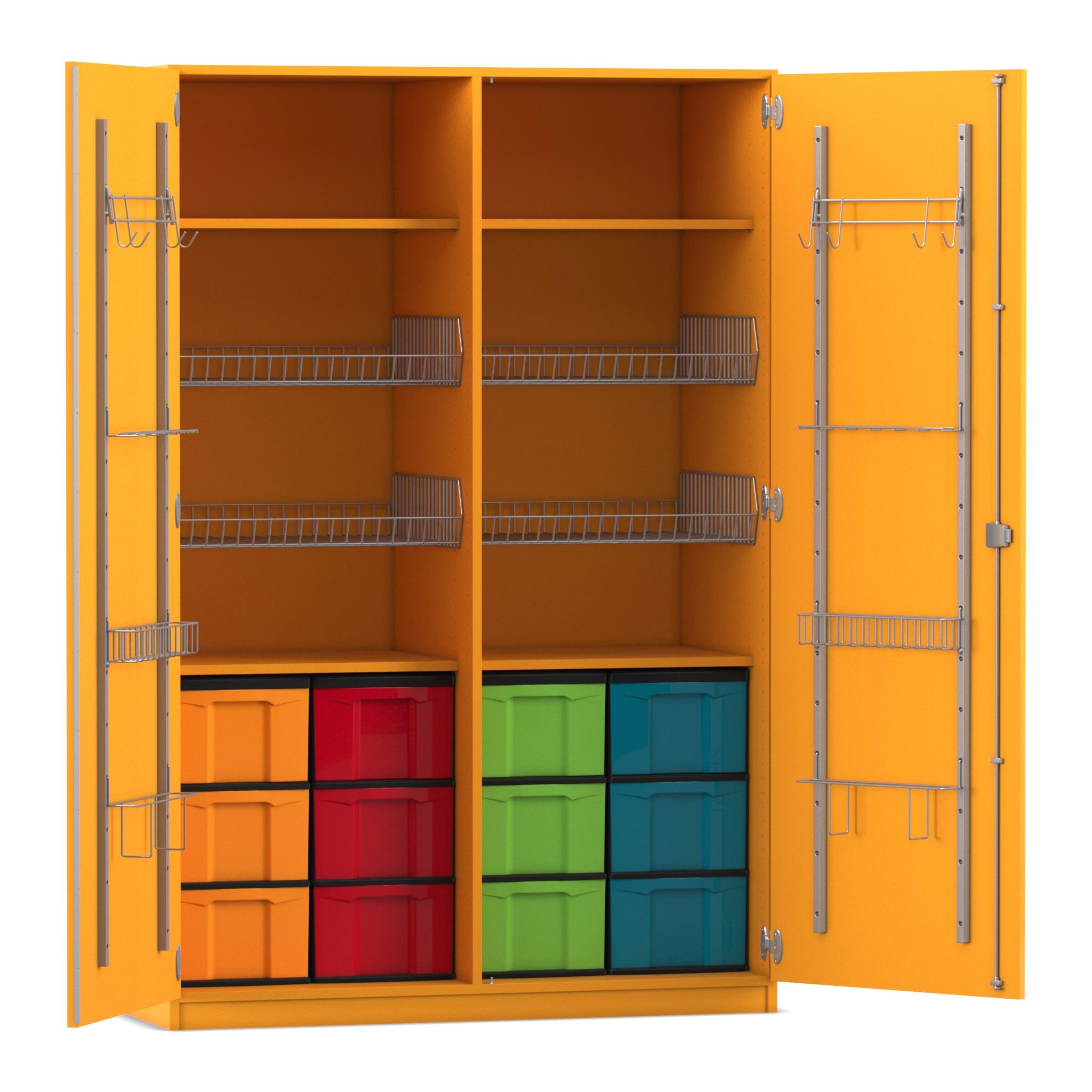 Flexeo® Sportschrank, Dekor gelb, Gerätehaken, 4 Gitterkörbe, 12 große Boxen bunt