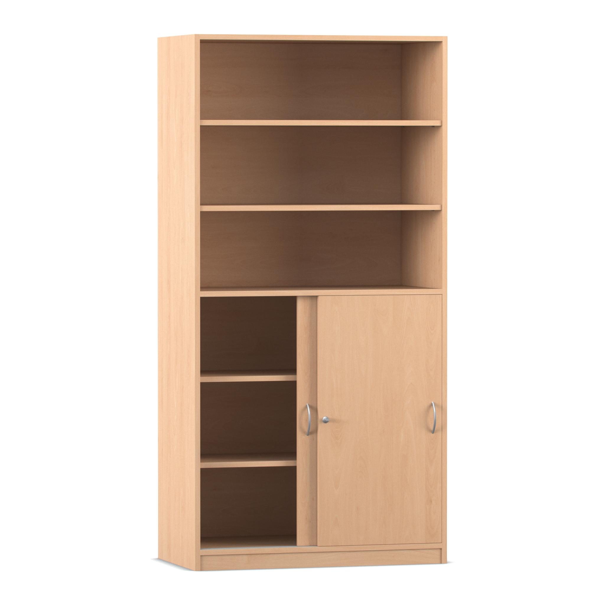 Flexeo Schiebetürenschrank mit 6 Fächern und zwei Türen unten, Buche hell, Tiefe 48 cm