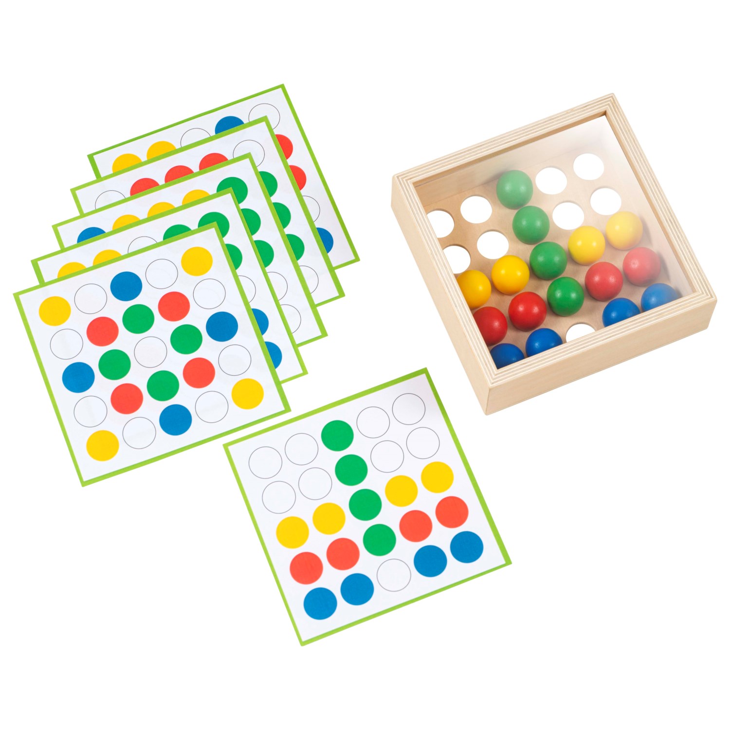 Mosaikbox mit bunten Kringeln, Legespiel mit Aufgabenkarten