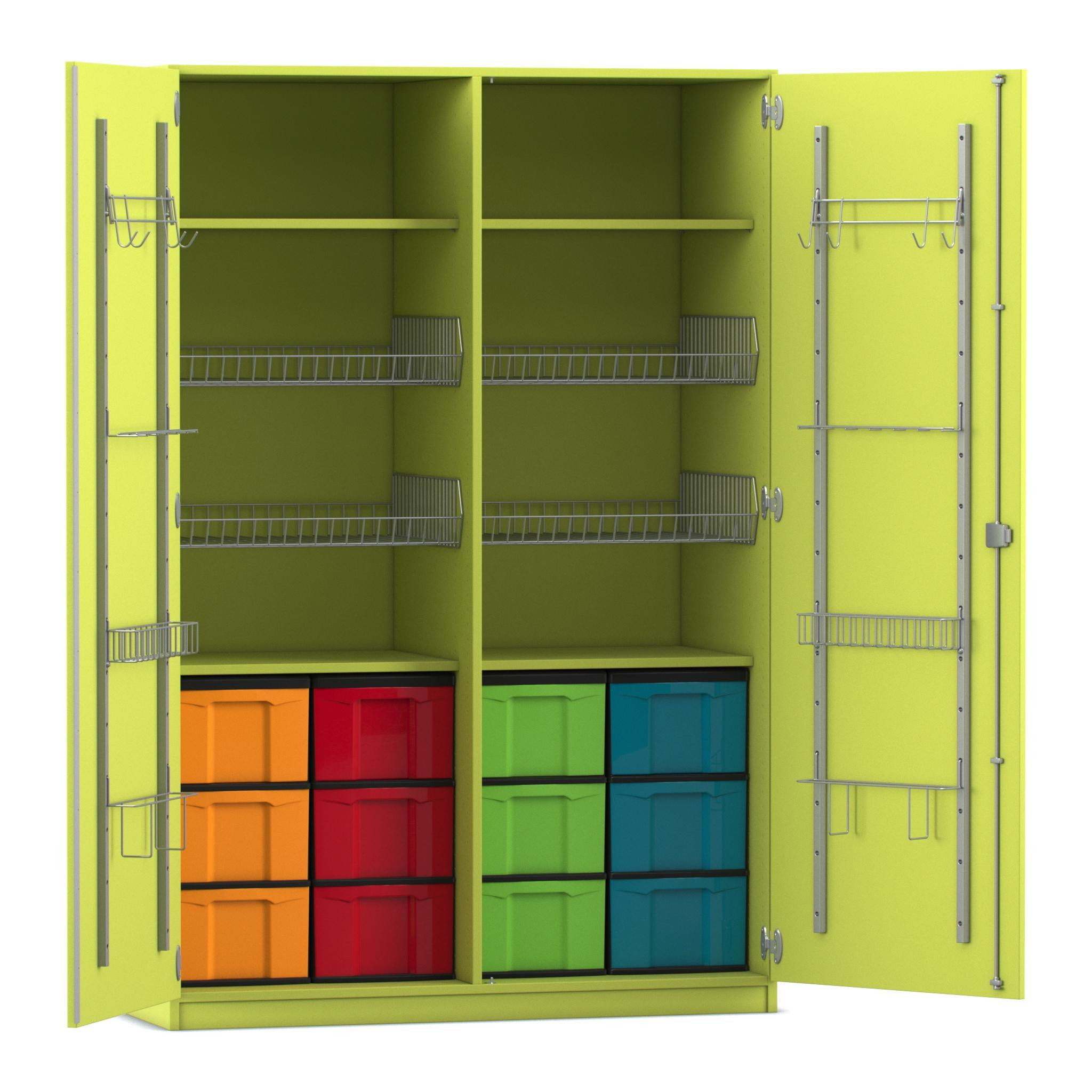 Flexeo Sportschrank, Dekor apfelgrün, HxBxT: 190 x 126,4 x 60 cm, 4 Gitterkörbe, 12 große Boxen bunt, Bogengriff mit Schloss