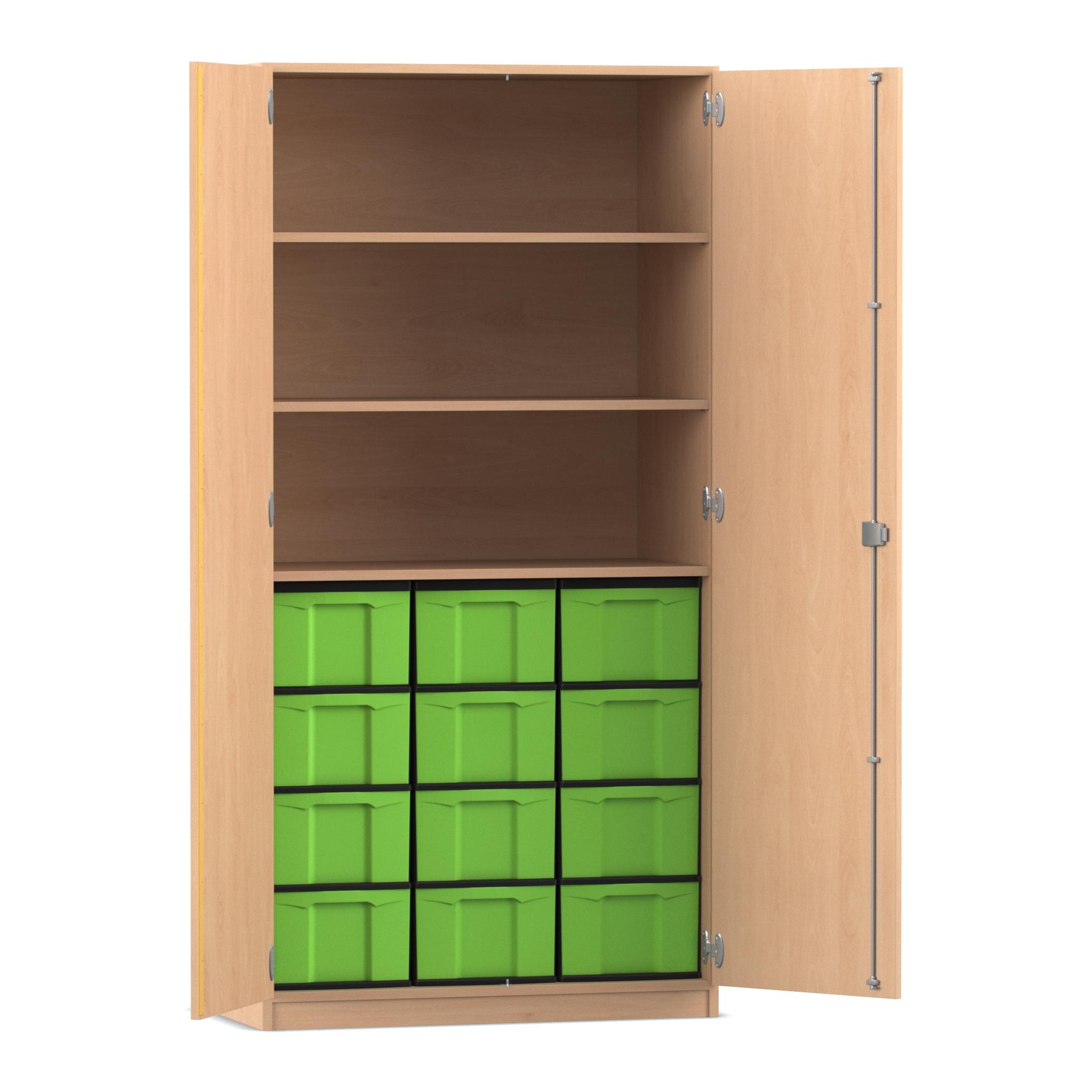 Flexeo Hochschrank Buche hell mit 3 großen Fächern, 12 großen Boxen grün, Bogengriff mit Schloss, Tiefe: 50 cm