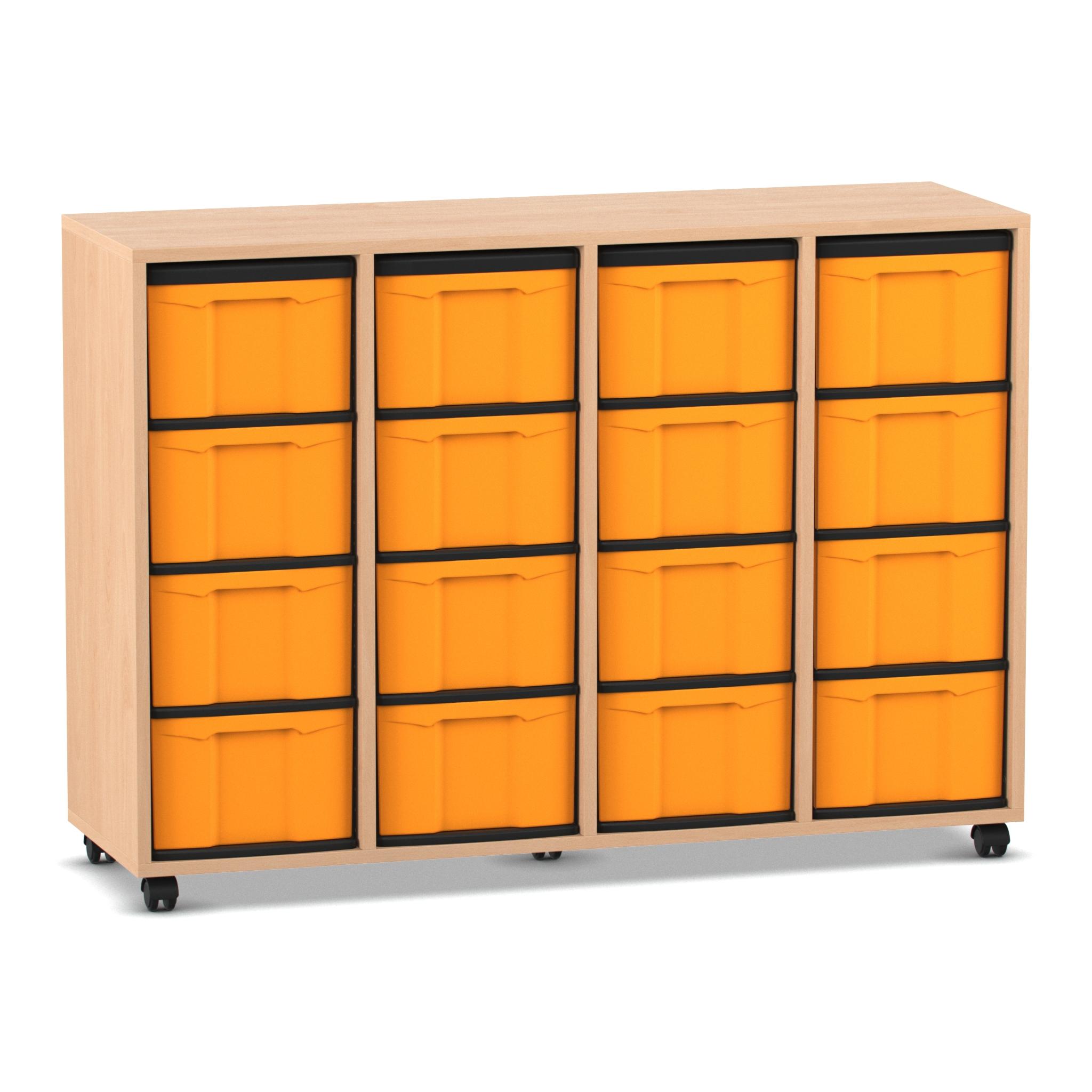 Flexeo Regal mit 4 Reihen, Dekor Buche hell, Rollen, 16 hohe Schubladen gelb, HxBxT: 92,3 x 130,7 x 40,8 cm