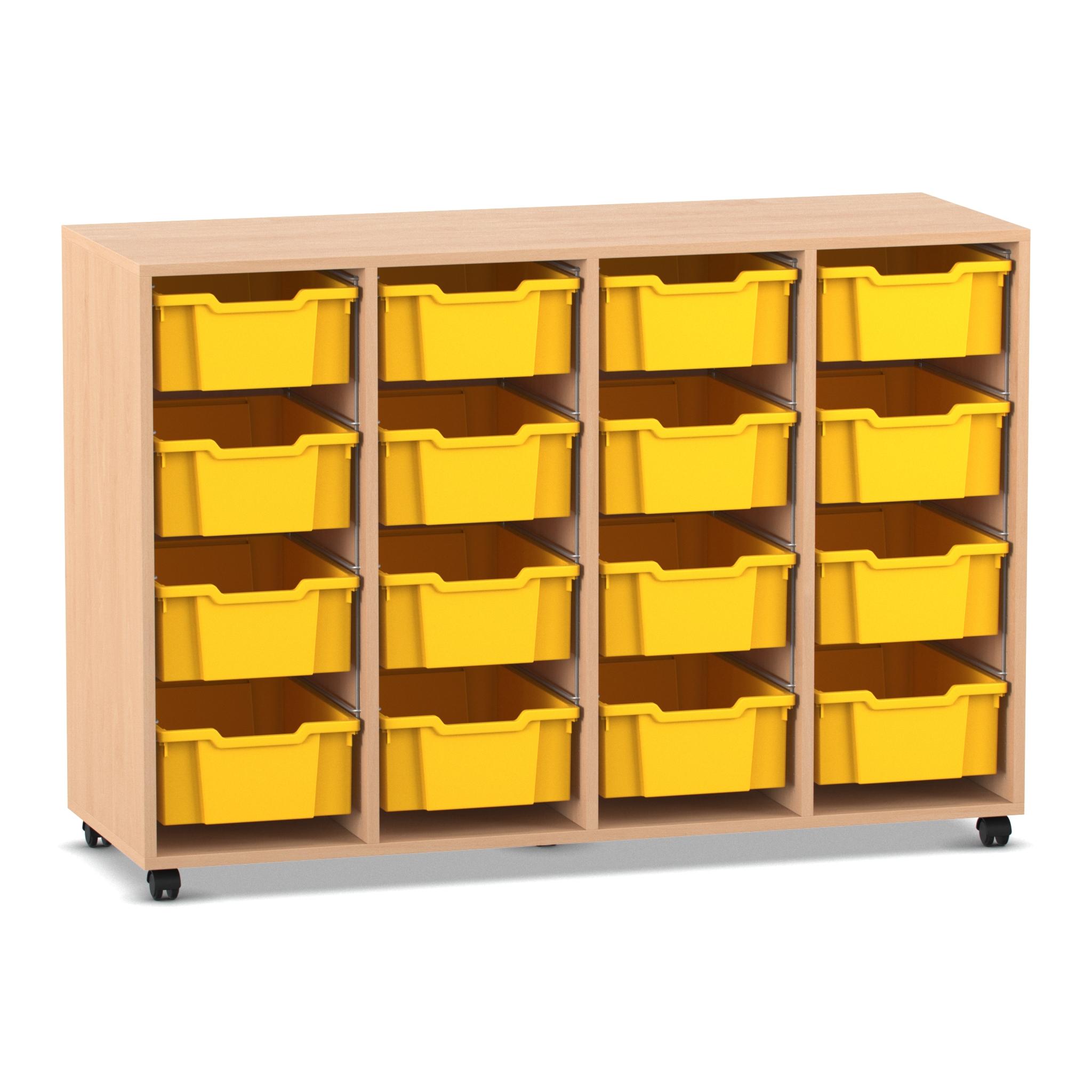 Flexeo® Regal PRO, Buche hell, mit 4 Reihen und 16 großen Boxen gelb, Rollen