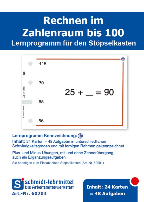 Stöpselkarten Rechnen +, - bis 100