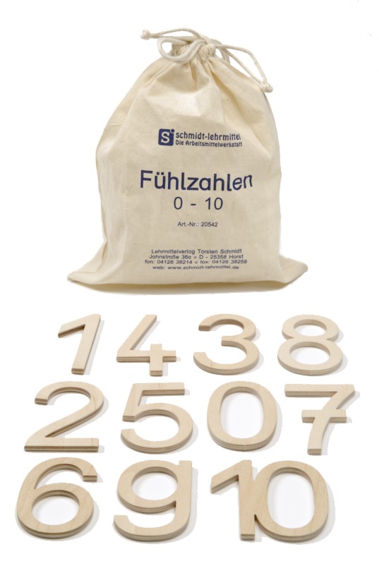 Fühlzahlen aus Holz, Schuldruckschrift, im Baumwollbeutel