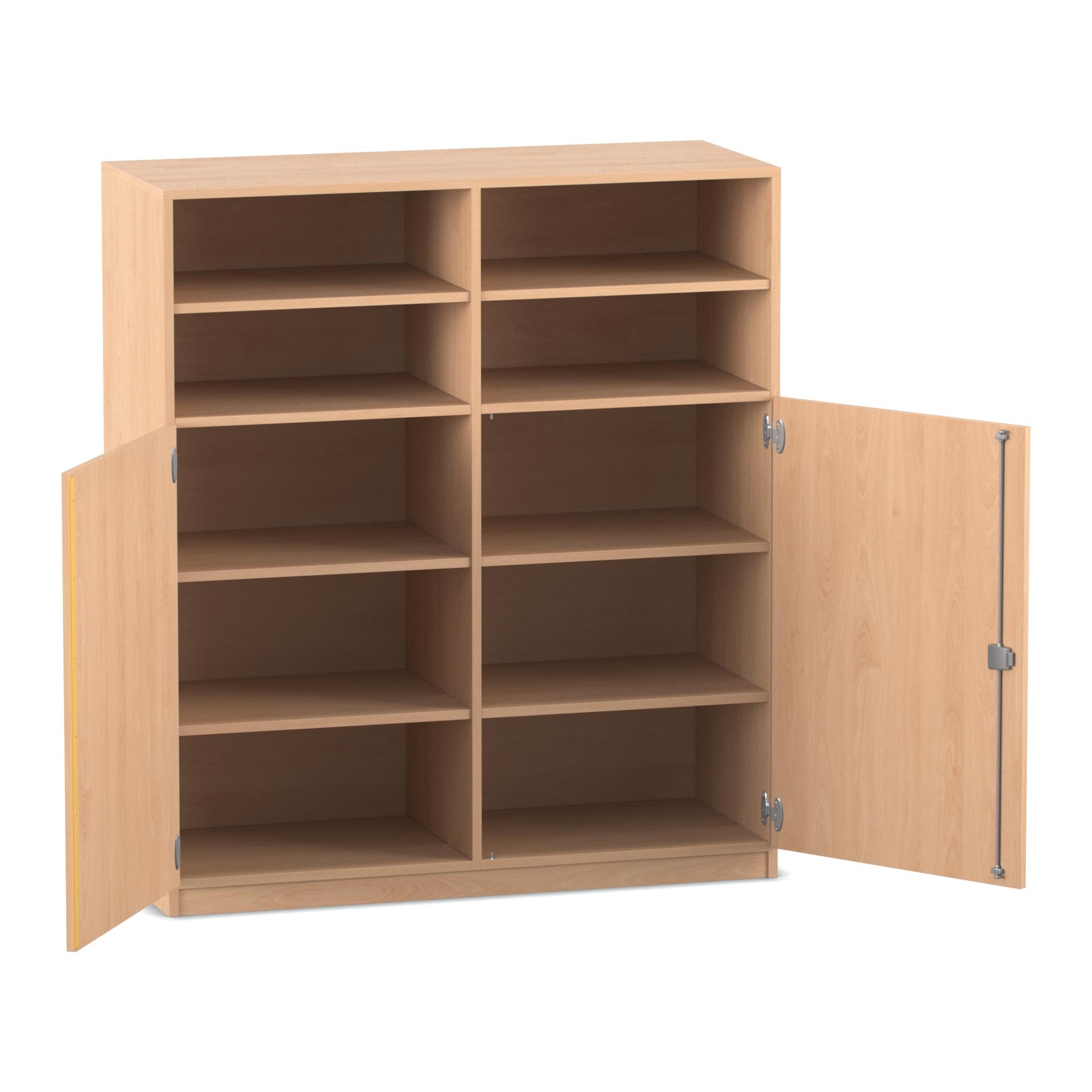 Flexeo® Schrank, Buche hell, 10 Fächer, Mittelwand, 2 Halbtüren, Breite 126,4 cm, Tiefe 50 cm