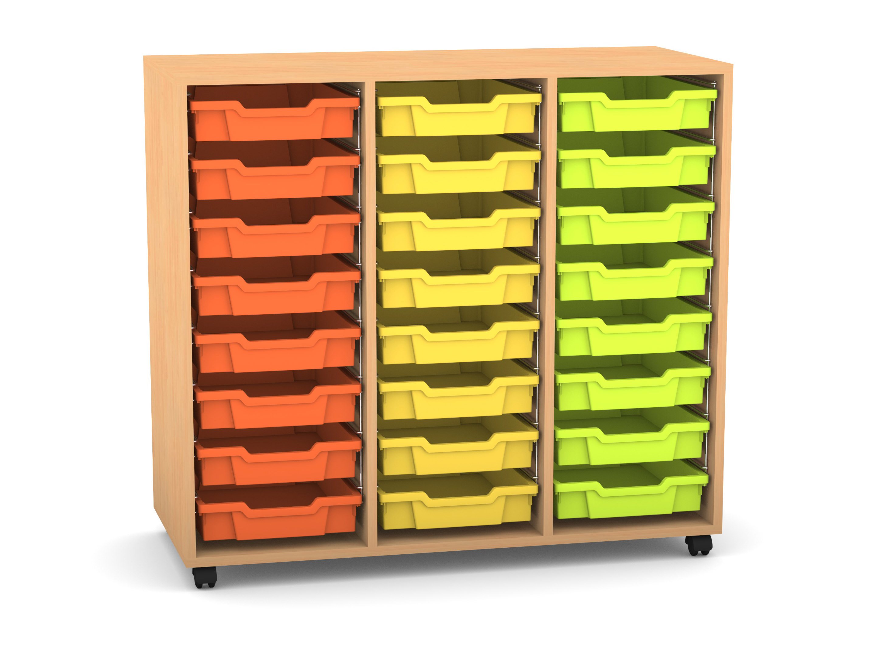 Flexeo Regal PRO, Buche hell, HxBxT: 99,1 x 108,5 x 48 cm, 3 Reihen, 24 kleine Boxen bunt B, Rollen