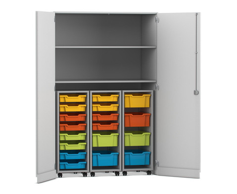 Flexeo® Garagenschrank PRO, grau, 3 Rollcontainer, 18 Boxen bunt B, Schloss
