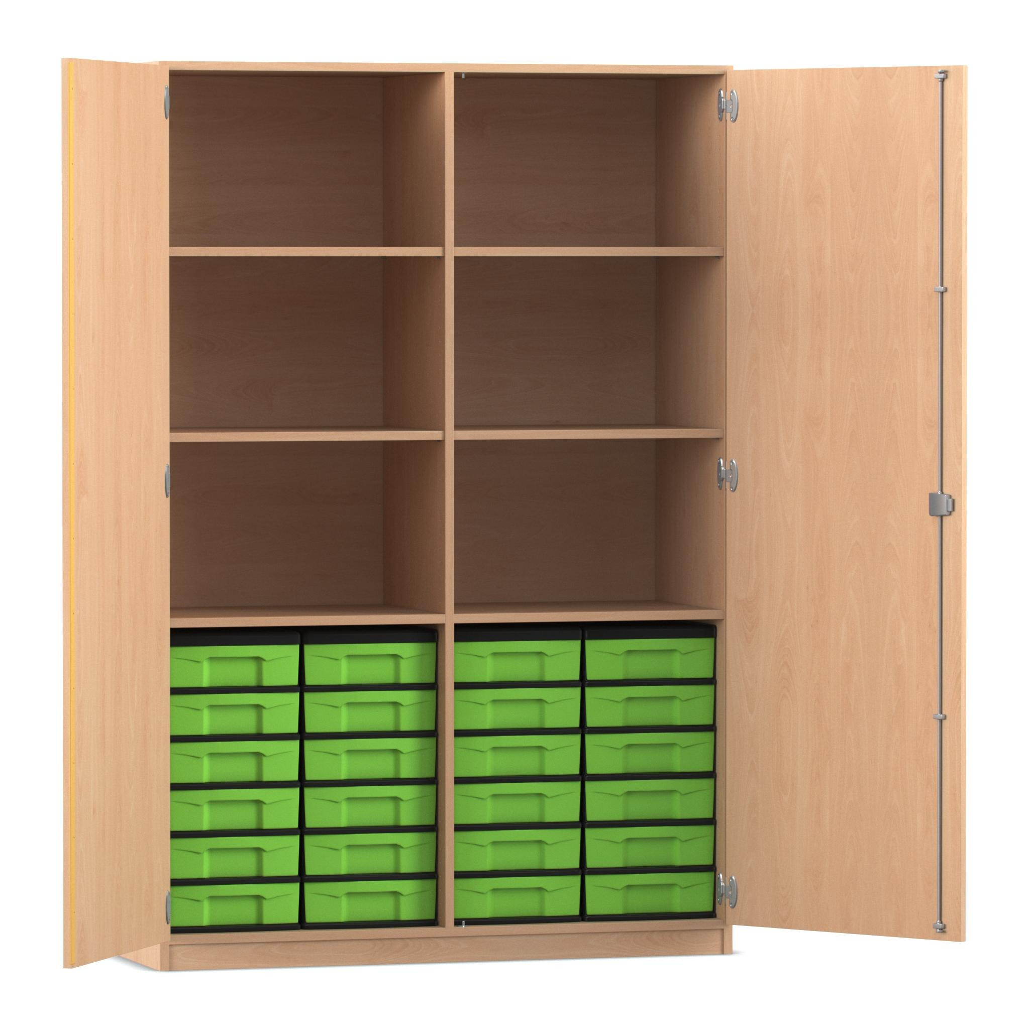 Flexeo® Schrank, Buche hell, 24 kleine Boxen grün, 6 Fächer, Mittelwand, 2 Türen, HxBxT: 190 x 126,4 X 50 cm, Schloss