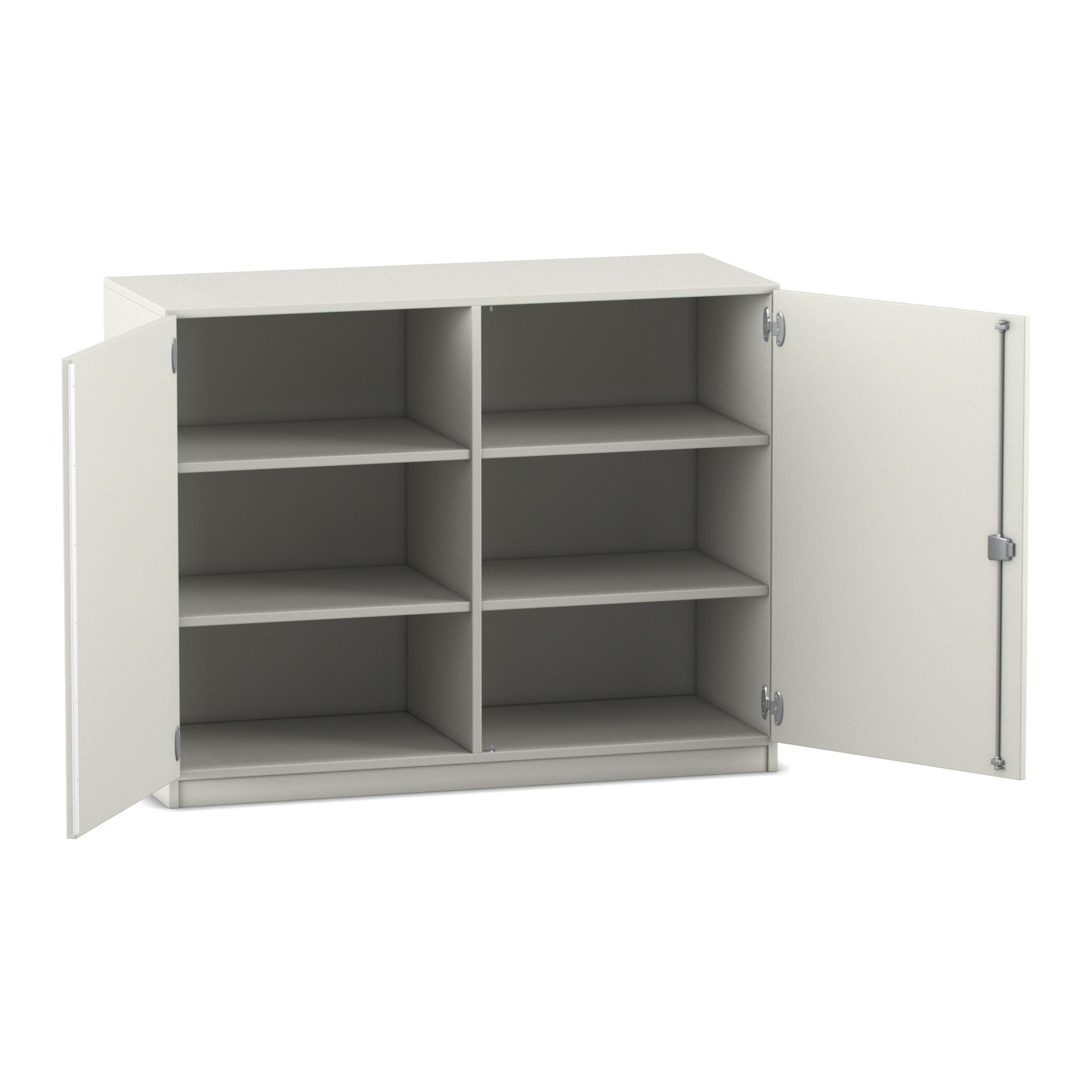 Flexeo Unterschrank weiß, Sockel, 6 Fächer, 99,1 x 126,4 x 40 cm, Bogengriff mit Schloss