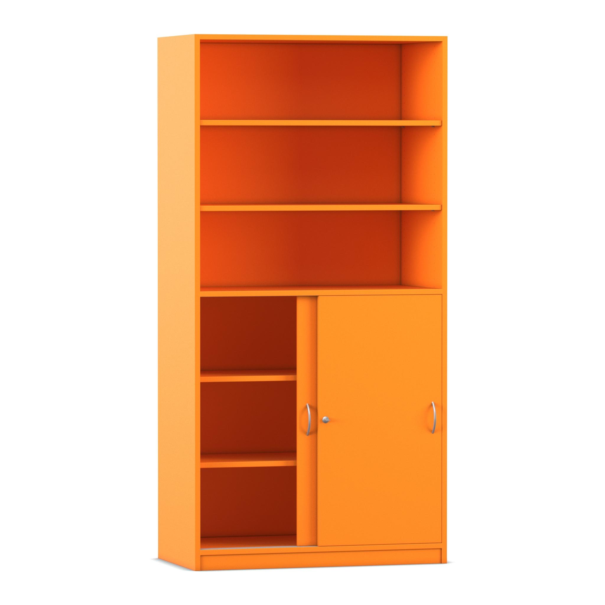 Flexeo® Schiebetürenschrank, Dekor Orange, 6 Fächer, 2 Türen unten, Schloss, 58cm tief