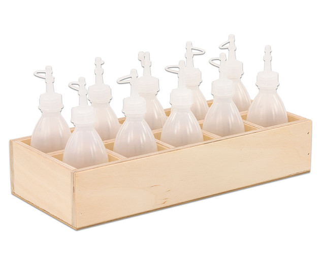 Holzbox mit 10 Kleberflaschen