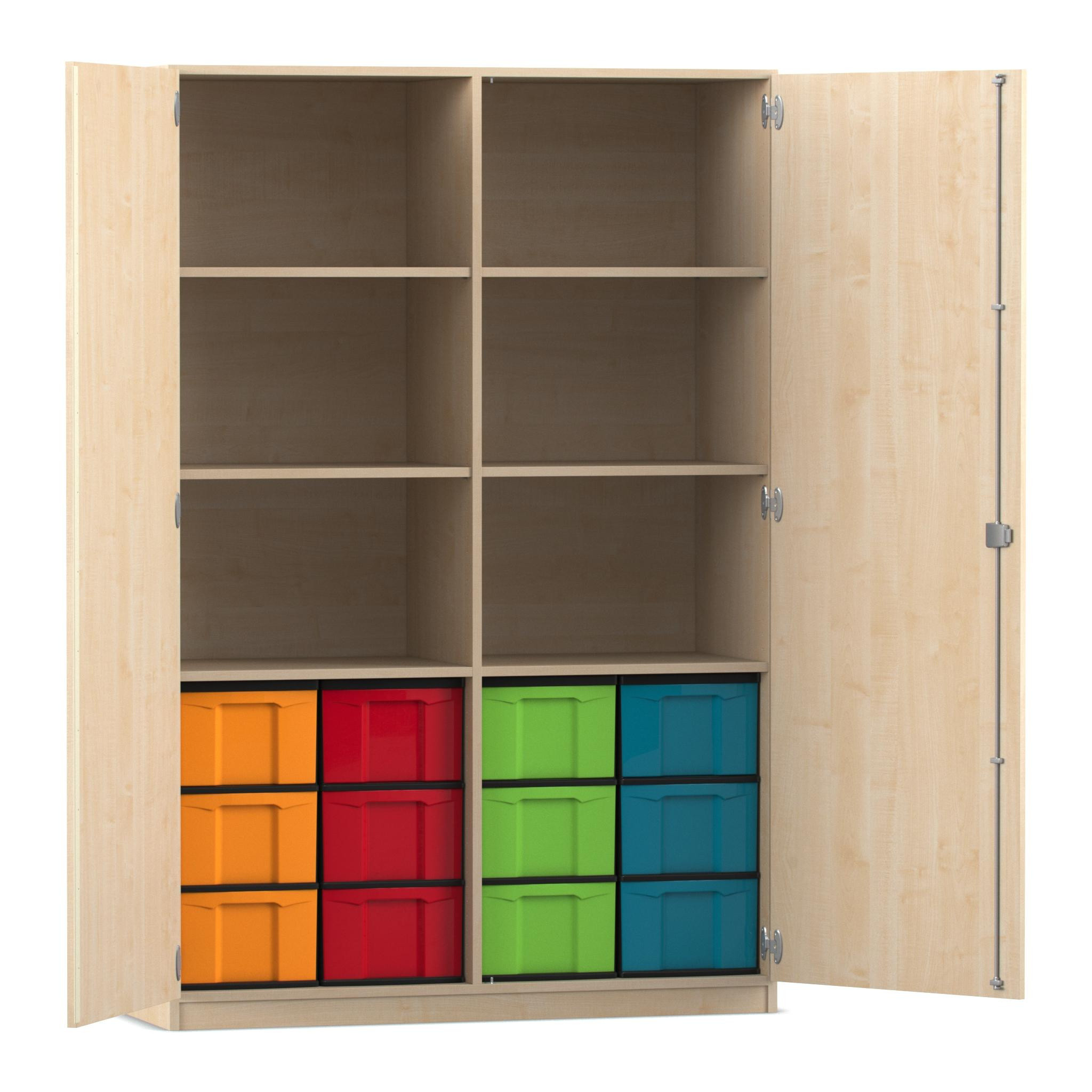 Flexeo Hochschrank mit 6 Fächern, Ahorn honig, HxBxT: 190x126,4x60 cm, 12 großen Boxen bunt, Bogengriff mit Schloss
